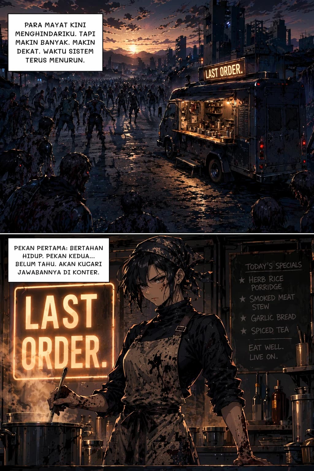 PARA MAYAT KINI MENGHINDARIKU. TAPI MAKIN BANYAK. MAKIN DEKAT. WAKTU SISTEM TERUS MENURUN.
PEKAN PERTAMA: BERTAHAN HIDUP. PEKAN KEDUA... BELUM TAHU. AKAN KUCARI JAWABANNYA DI KONTER.