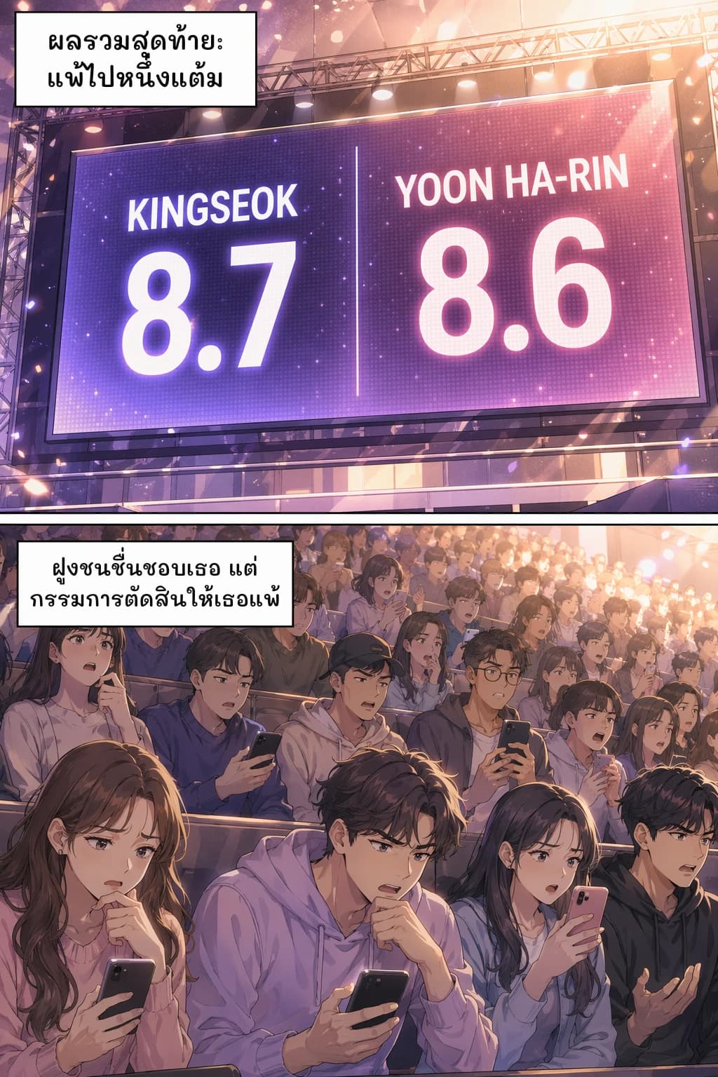 ผลรวมสุดท้าย: แพ้ไปหนึ่งแต้ม
ฝูงชนชื่นชอบเธอ แต่กรรมการตัดสินให้เธอแพ้
