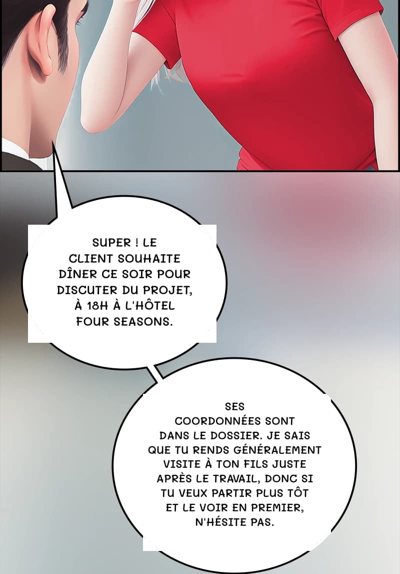 Super ! Le client souhaite dîner ce soir pour discuter du projet, à 18h à l'hôtel Four Seasons.
Ses coordonnées sont dans le dossier. Je sais que tu rends généralement visite à ton fils juste après le travail, donc si tu veux partir plus tôt et le voir en premier, n'hésite pas.