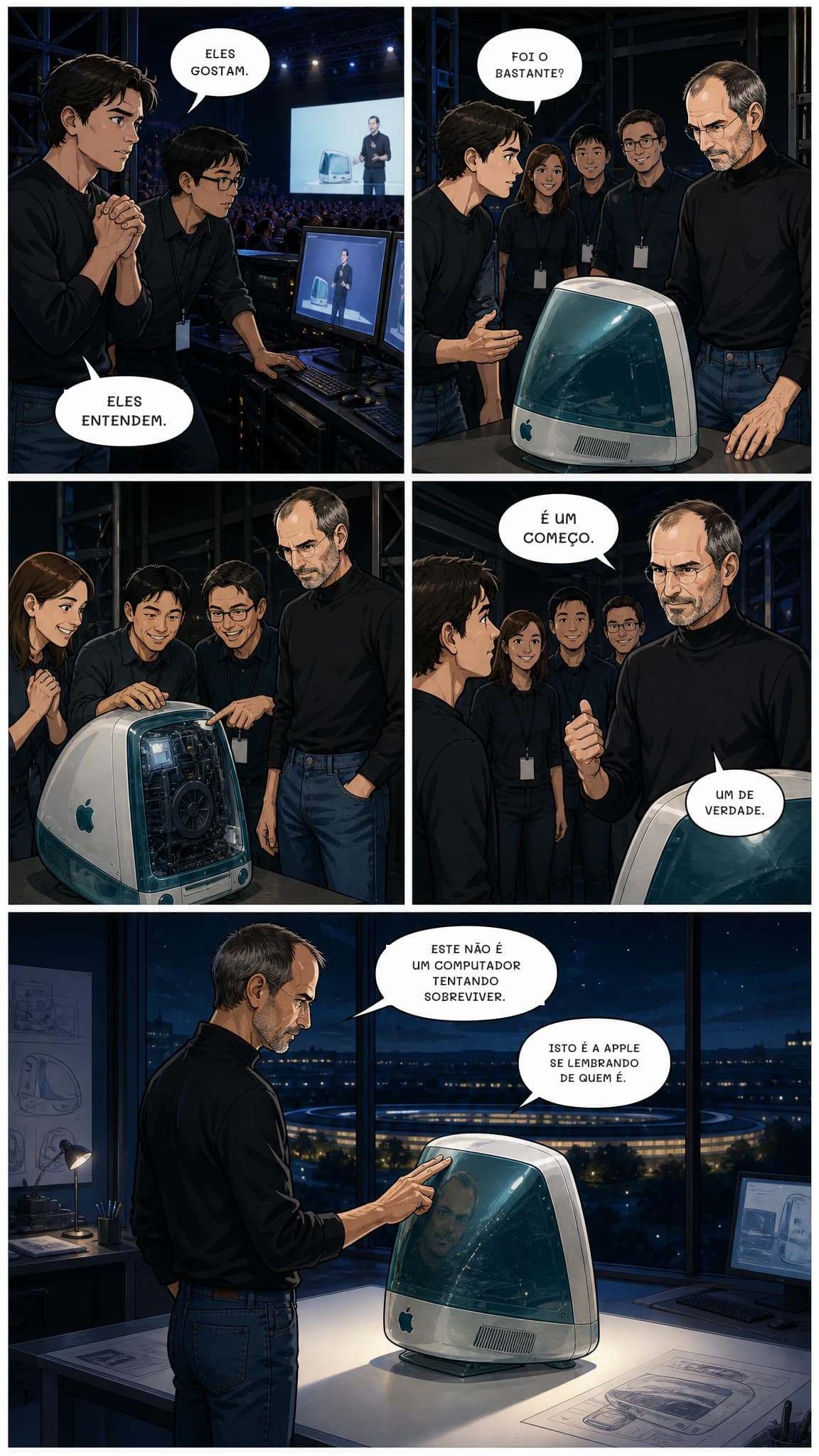 ELES GOSTAM.
ELES ENTENDEM.
FOI O BASTANTE?
É UM COMEÇO.
UM DE VERDADE.
ESTE NÃO É UM COMPUTADOR TENTANDO SOBREVIVER.
ISTO É A APPLE SE LEMBRANDO DE QUEM É.