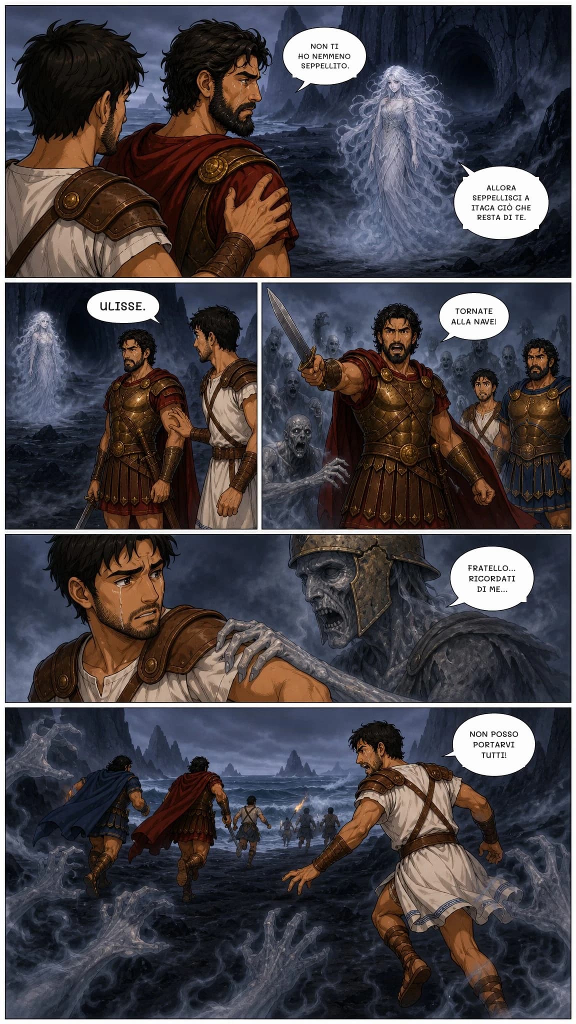 NON TI HO NEMMENO SEPPELLITO.
ALLORA SEPPELLISCI A ITACA CIÒ CHE RESTA DI TE.
ULISSE.
TORNATE ALLA NAVE!
FRATELLO... RICORDATI DI ME...
NON POSSO PORTARVI TUTTI!