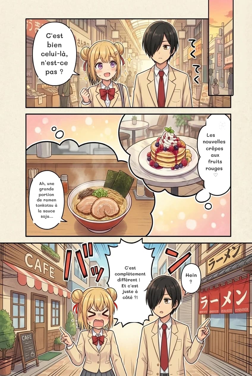C'est bien celui-là, n'est-ce pas ?
Les nouvelles crêpes aux fruits rouges ♡
Ah, une grande portion de ramen tonkotsu à la sauce soja...
C'est complètement différent ! Et c'est juste à côté ?!
Hein ?