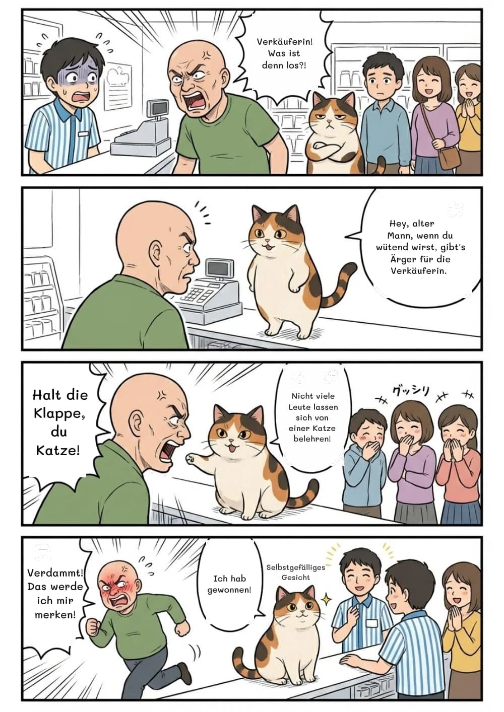 Verkäuferin! Was ist denn los?!
Hey, alter Mann, wenn du wütend wirst, gibt's Ärger für die Verkäuferin.
Halt die Klappe, du Katze!
Nicht viele Leute lassen sich von einer Katze belehren!
Verdammt! Das werde ich mir merken!
Ich hab gewonnen!
Selbstgefälliges Gesicht