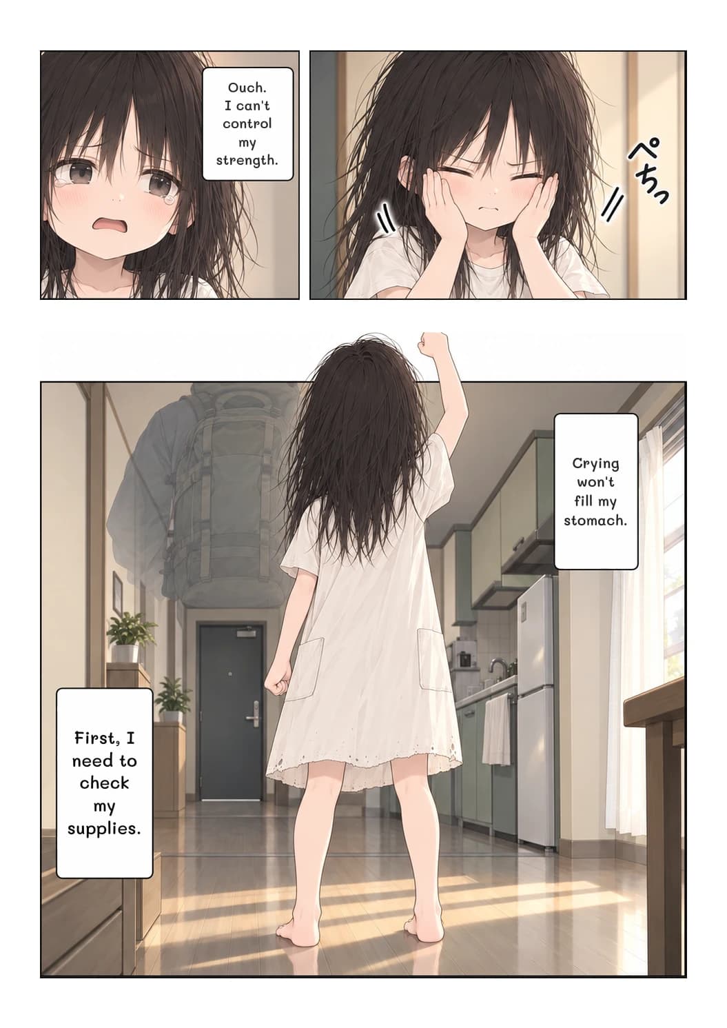 Ouch. I can't control my strength.
Crying won't fill my stomach.
First, I need to check my supplies.