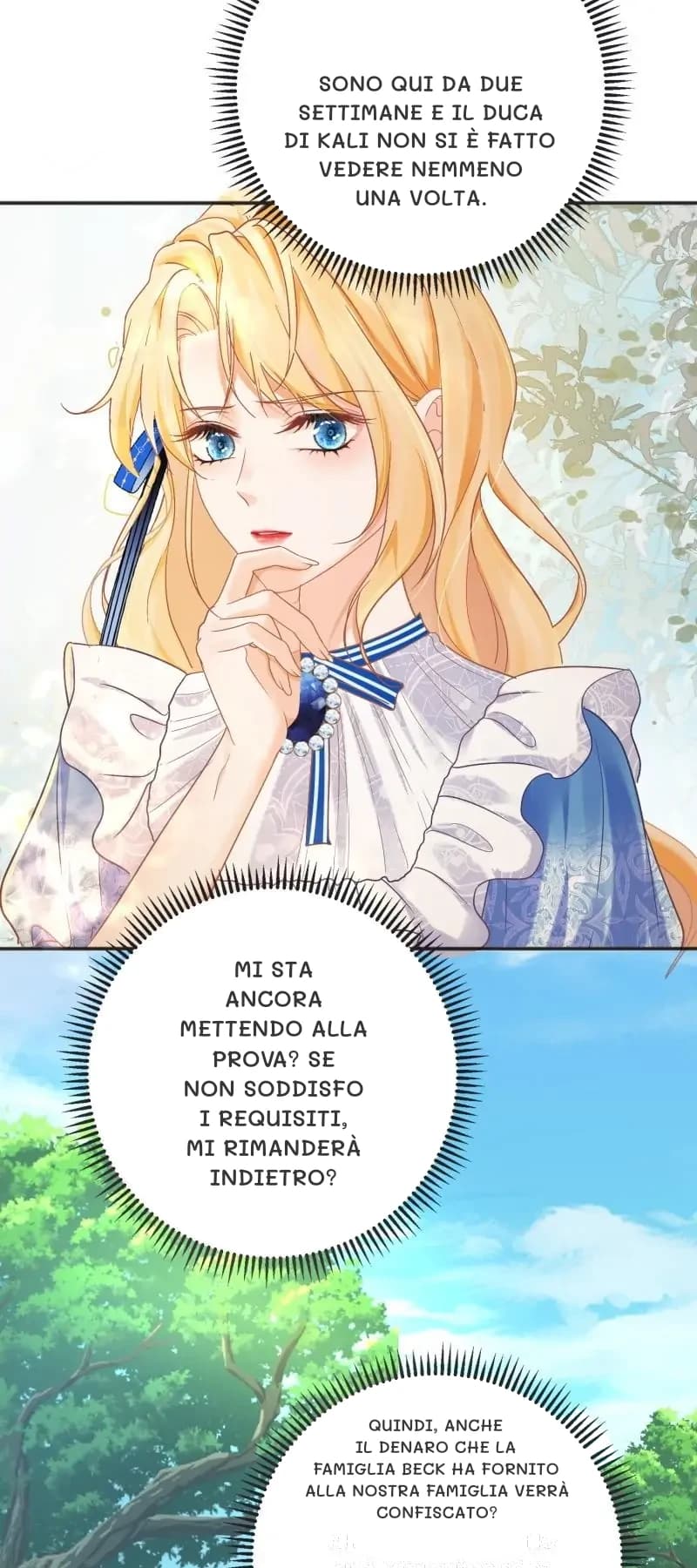 Sono qui da due settimane e il Duca di Kali non si è fatto vedere nemmeno una volta.
Mi sta ancora mettendo alla prova? Se non soddisfo i requisiti, mi rimanderà indietro?
Quindi, anche il denaro che la famiglia Beck ha fornito alla nostra famiglia verrà confiscato?