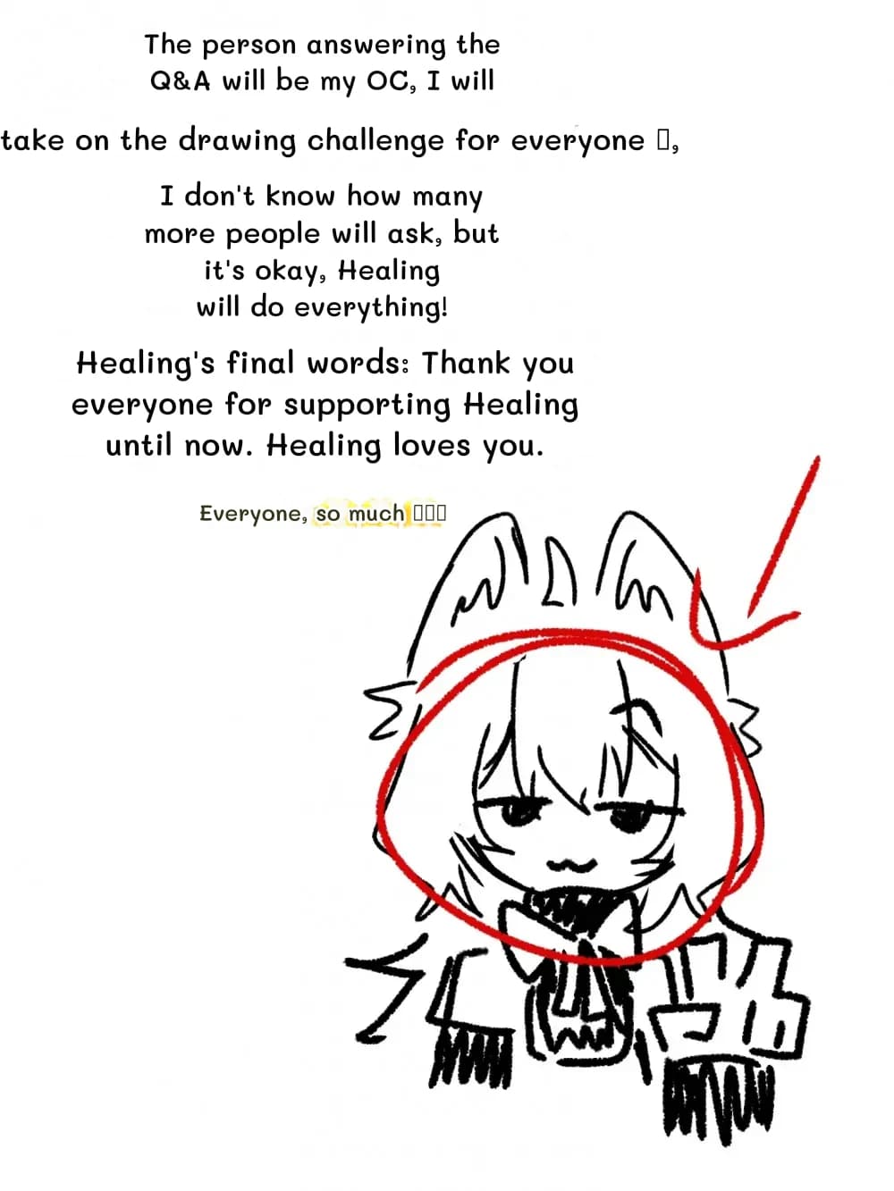 The person answering the Q&A will be my OC, I will
take on the drawing challenge for everyone 👀,
I don't know how many more people will ask, but
it's okay, Healing will do everything!
Healing's final words: Thank you everyone for supporting Healing until now. Healing loves you.
Everyone, so much 🫶🫶🫶