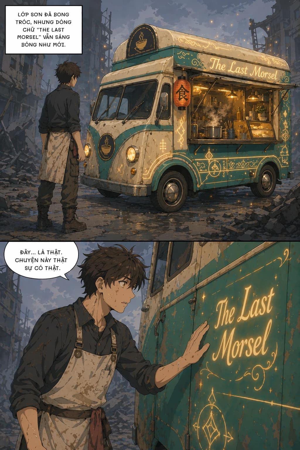 Lớp sơn đã bong tróc, nhưng dòng chữ “THE LAST MORSEL” vẫn sáng bóng như mới.
Đây... là thật. Chuyện này thật sự có thật.
