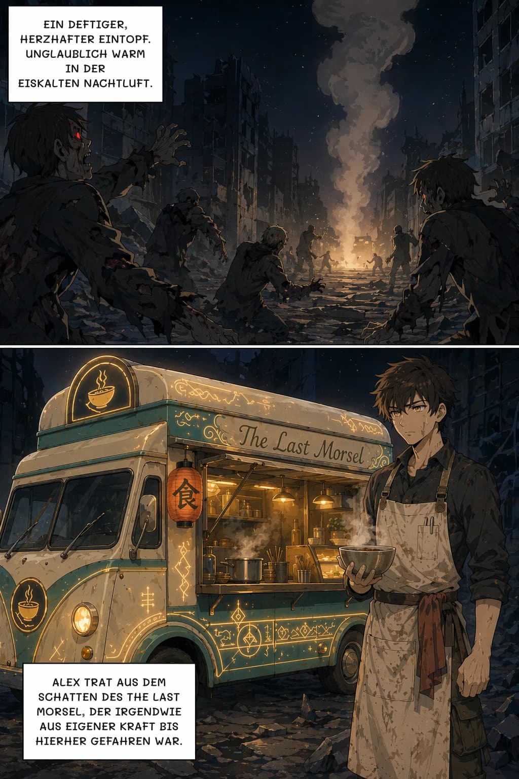 EIN DEFTIGER, HERZHAFTER EINTOPF. UNGLAUBLICH WARM IN DER EISKALTEN NACHTLUFT.
ALEX TRAT AUS DEM SCHATTEN DES THE LAST MORSEL, DER IRGENDWIE AUS EIGENER KRAFT BIS HIERHER GEFAHREN WAR.