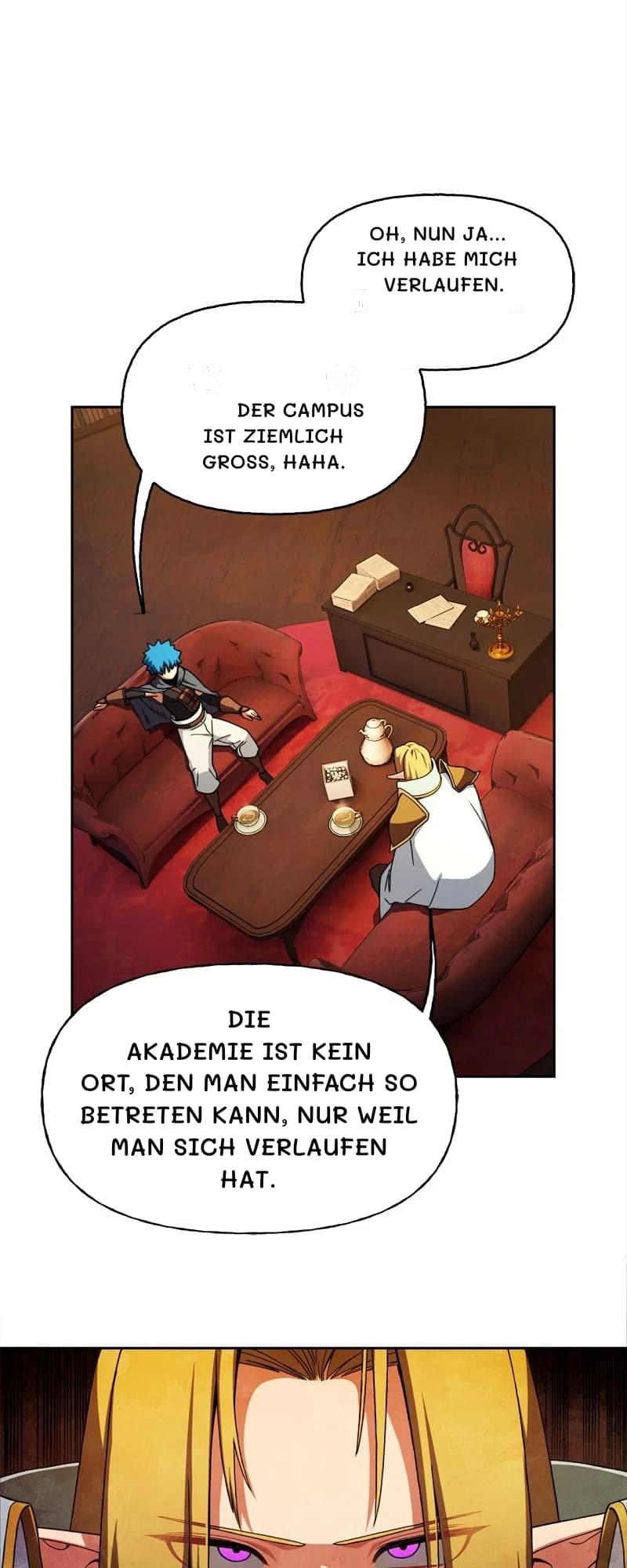 Oh, nun ja... ich habe mich verlaufen.
Der Campus ist ziemlich groß, haha.
Die Akademie ist kein Ort, den man einfach so betreten kann, nur weil man sich verlaufen hat.