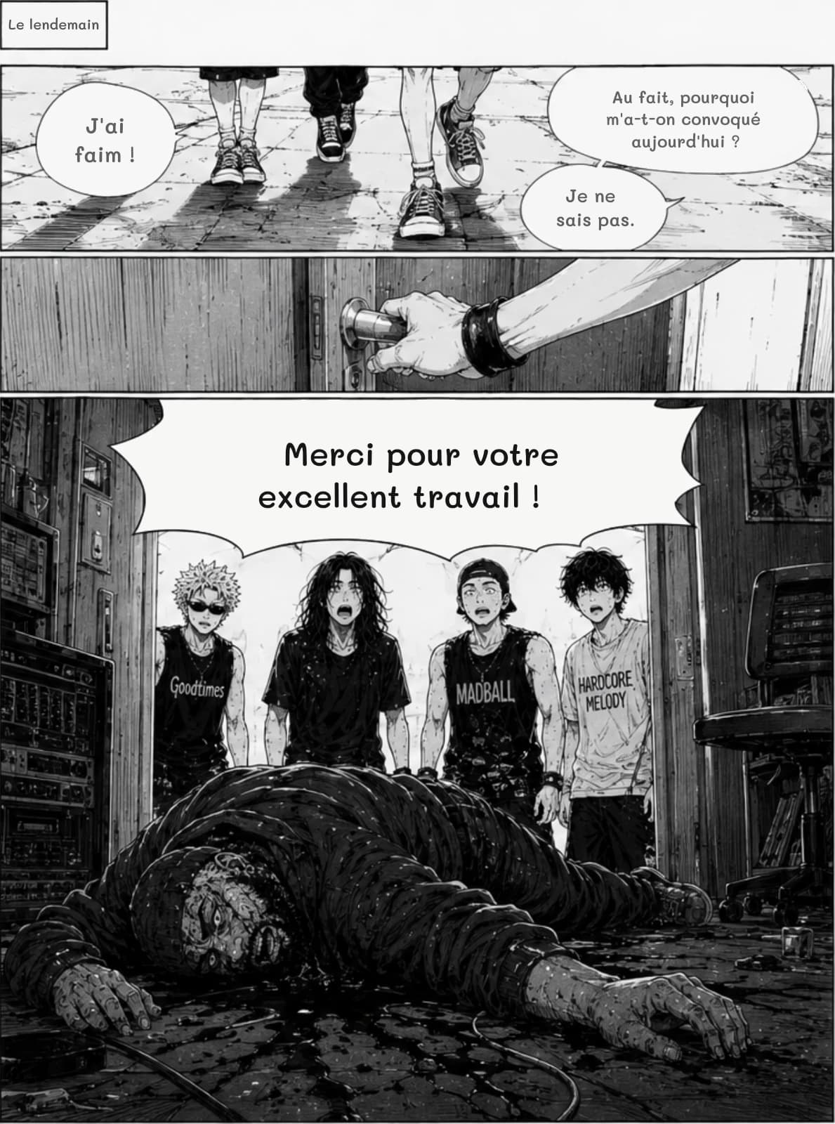 Le lendemain
J'ai faim !
Au fait, pourquoi m'a-t-on convoqué aujourd'hui ?
Je ne sais pas.
Merci pour votre excellent travail !