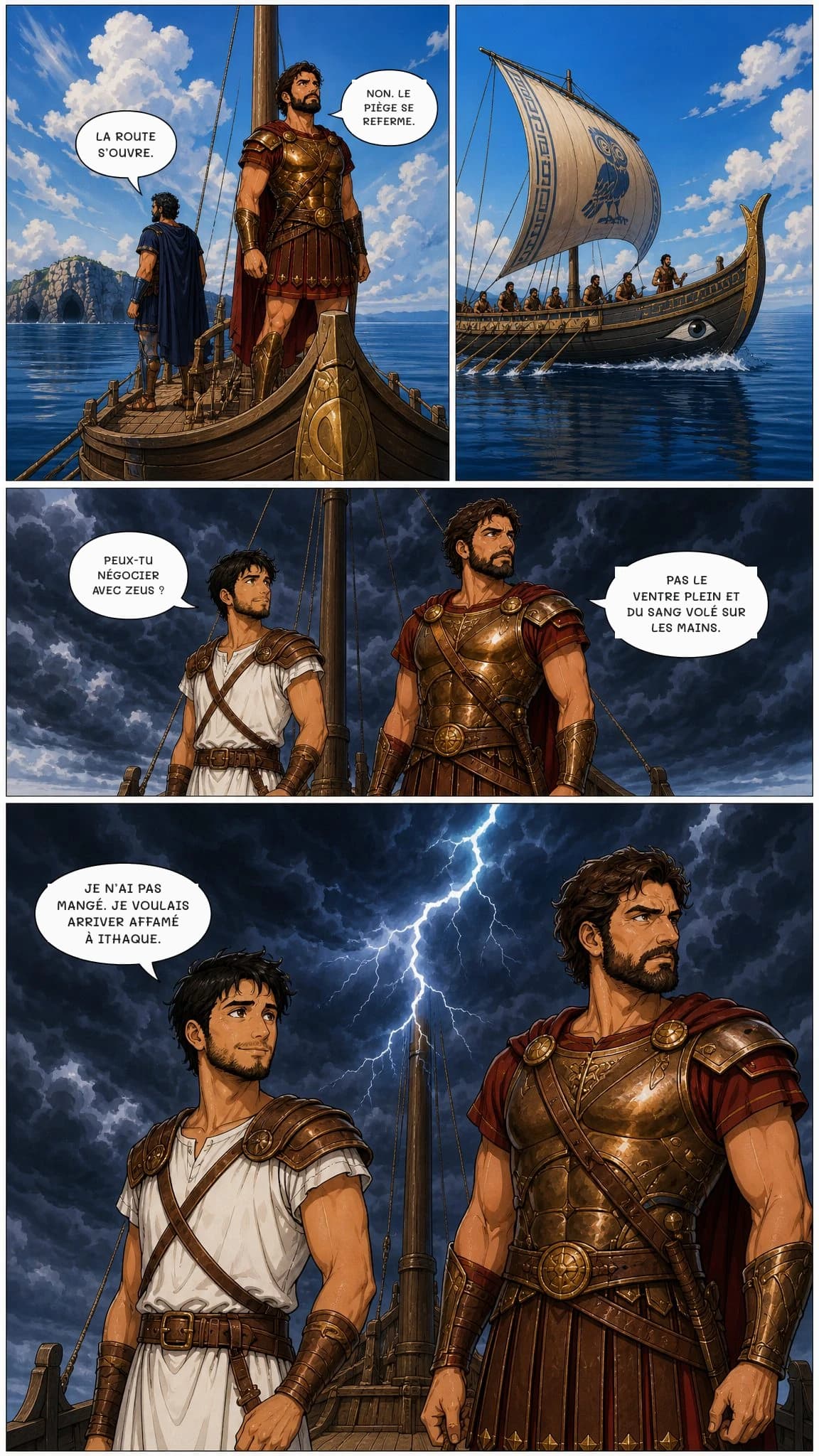 LA ROUTE S’OUVRE.
NON. LE PIÈGE SE REFERME.
PEUX-TU NÉGOCIER AVEC ZEUS ?
PAS LE VENTRE PLEIN ET DU SANG VOLÉ SUR LES MAINS.
JE N’AI PAS MANGÉ. JE VOULAIS ARRIVER AFFAMÉ À ITHAQUE.