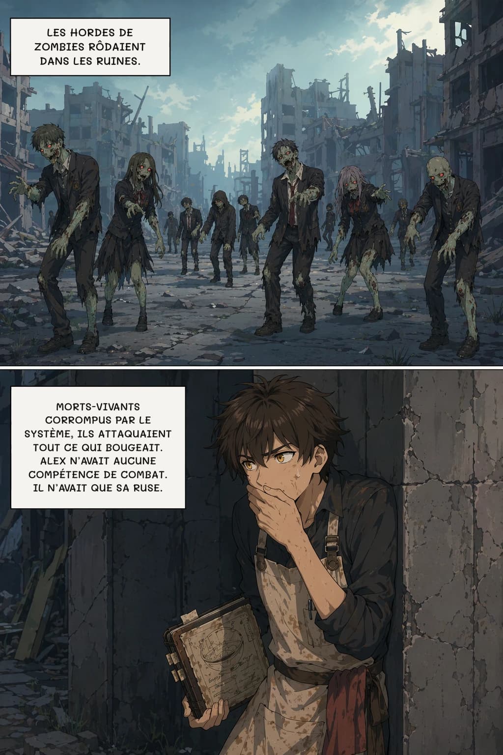 LES HORDes DE ZOMBIES RÔDAIENT DANS LES RUINES.
MORTS-VIVANTS CORROMPUS PAR LE SYSTÈME, ILS ATTAQUAIENT TOUT CE QUI BOUGEAIT. ALEX N’AVAIT AUCUNE COMPÉTENCE DE COMBAT. IL N’AVAIT QUE SA RUSE.