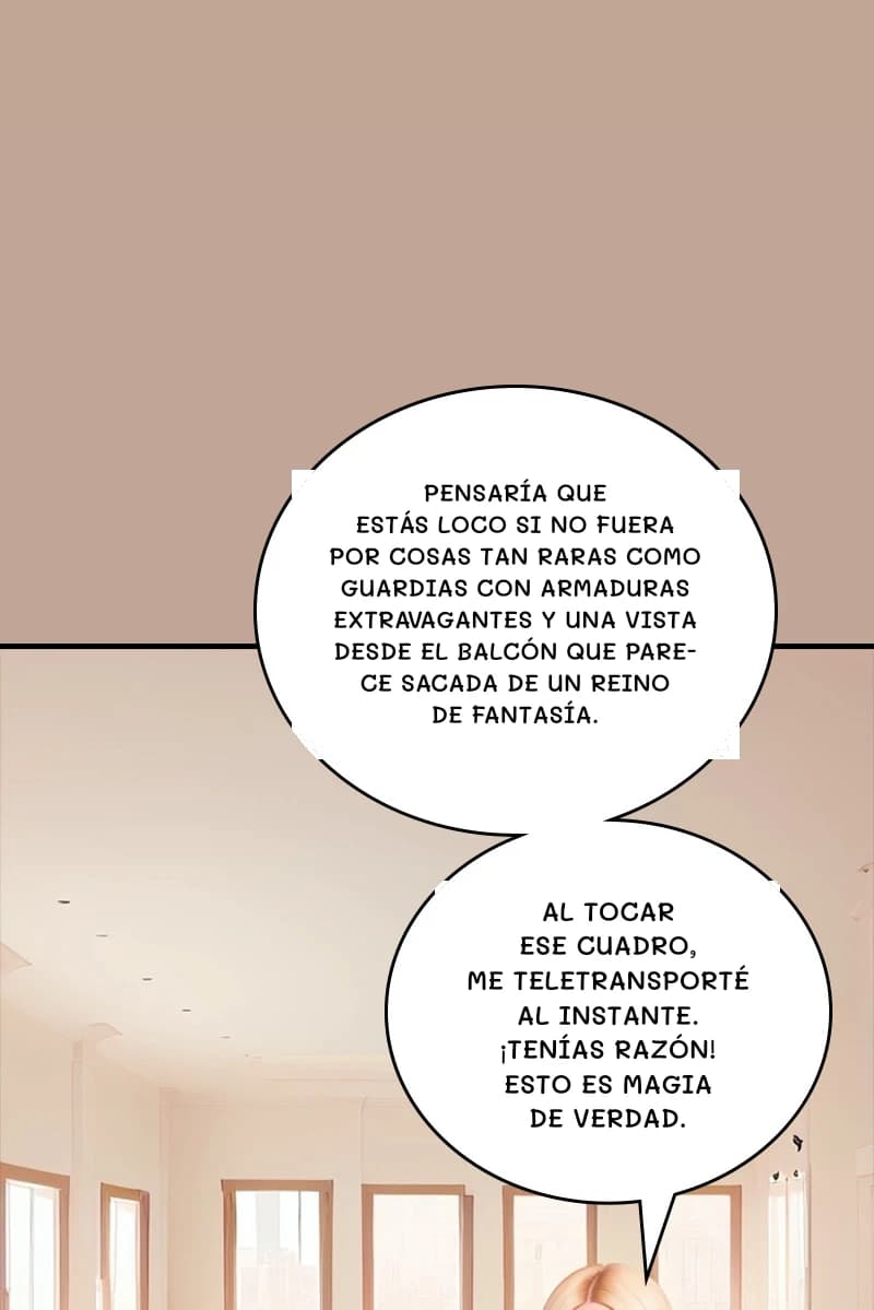 Pensaría que estás loco si no fuera por cosas tan raras como guardias con armaduras extravagantes y una vista desde el balcón que parece sacada de un reino de fantasía.
Al tocar ese cuadro, me teletransporté al instante. ¡Tenías razón! Esto es magia de verdad.