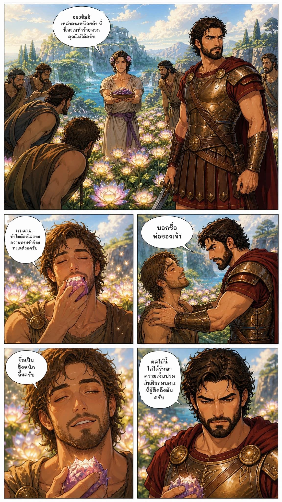 ลองชิมสิ เหล่าคนเหนื่อยล้า ที่นี่ทะเลทำร้ายพวกคุณไม่ได้ครับ
ITHACA... ทำไมต้องไล่ตามความทรงจำข้ามทะเลด้วยครับ
บอกชื่อพ่อของเจ้า
ชื่อเป็นสิ่งหนักอึ้งครับ
ผลไม้นี้ไม่ได้รักษาความเจ็บปวด มันฝังกลบคนที่รู้สึกถึงมันครับ
