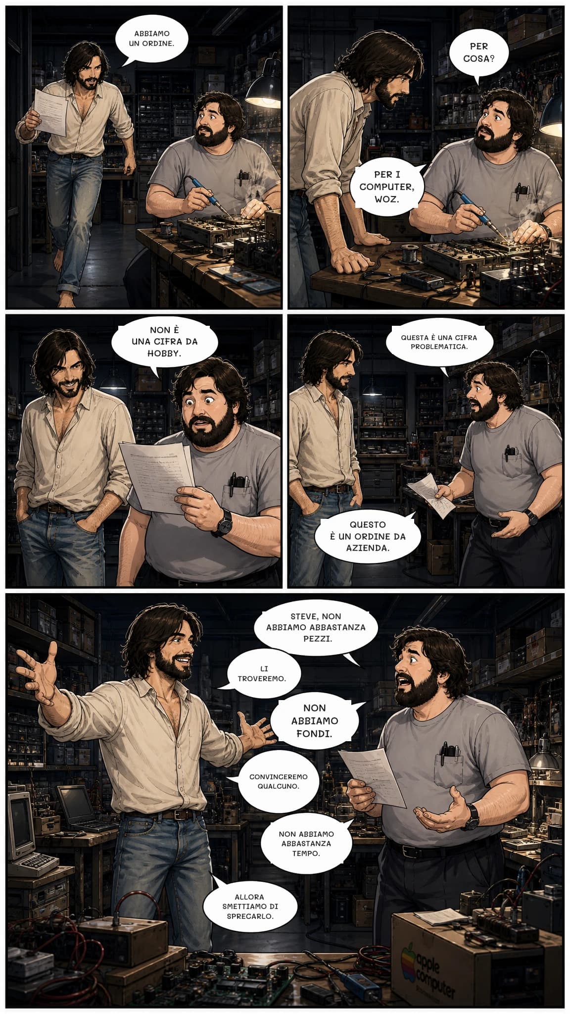 ABBIAMO UN ORDINE.
PER COSA?
PER I COMPUTER, WOZ.
NON È UNA CIFRA DA HOBBY.
QUESTA È UNA CIFRA PROBLEMATICA.
QUESTO È UN ORDINE DA AZIENDA.
STEVE, NON ABBIAMO ABBASTANZA PEZZI.
LI TROVEREMO.
Non abbiamo fondi.
Convinceremo qualcuno.
NON ABBIAMO ABBASTANZA TEMPO.
ALLORA SMETTIAMO DI SPRECARLO.