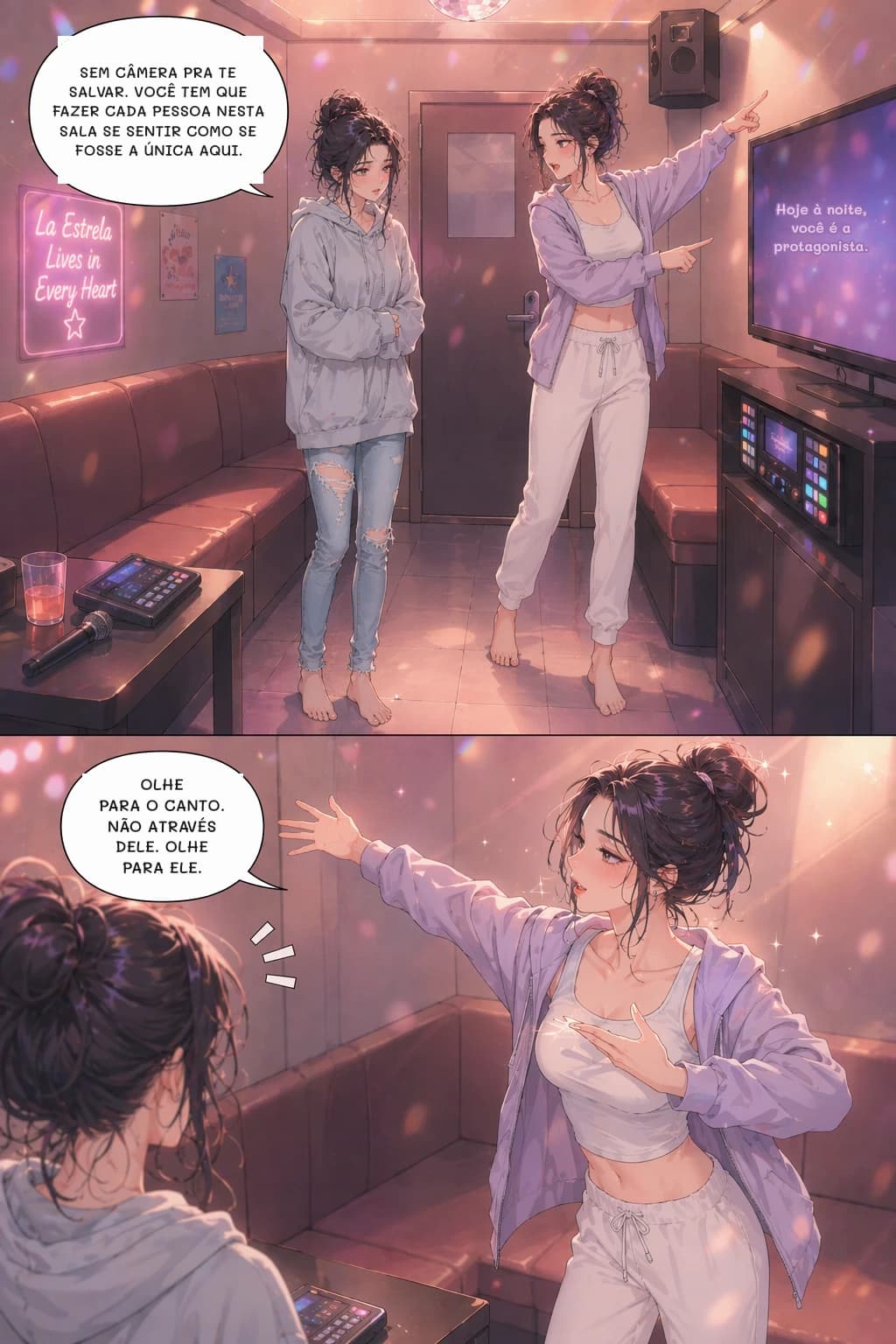 SEM CÂMERA PRA TE SALVAR. VOCÊ TEM QUE FAZER CADA PESSOA NESTA SALA SE SENTIR COMO SE FOSSE A ÚNICA AQUI.
Hoje à noite, você é a protagonista.
OLHE PARA O CANTO. NÃO ATRAVÉS DELE. OLHE PARA ELE.