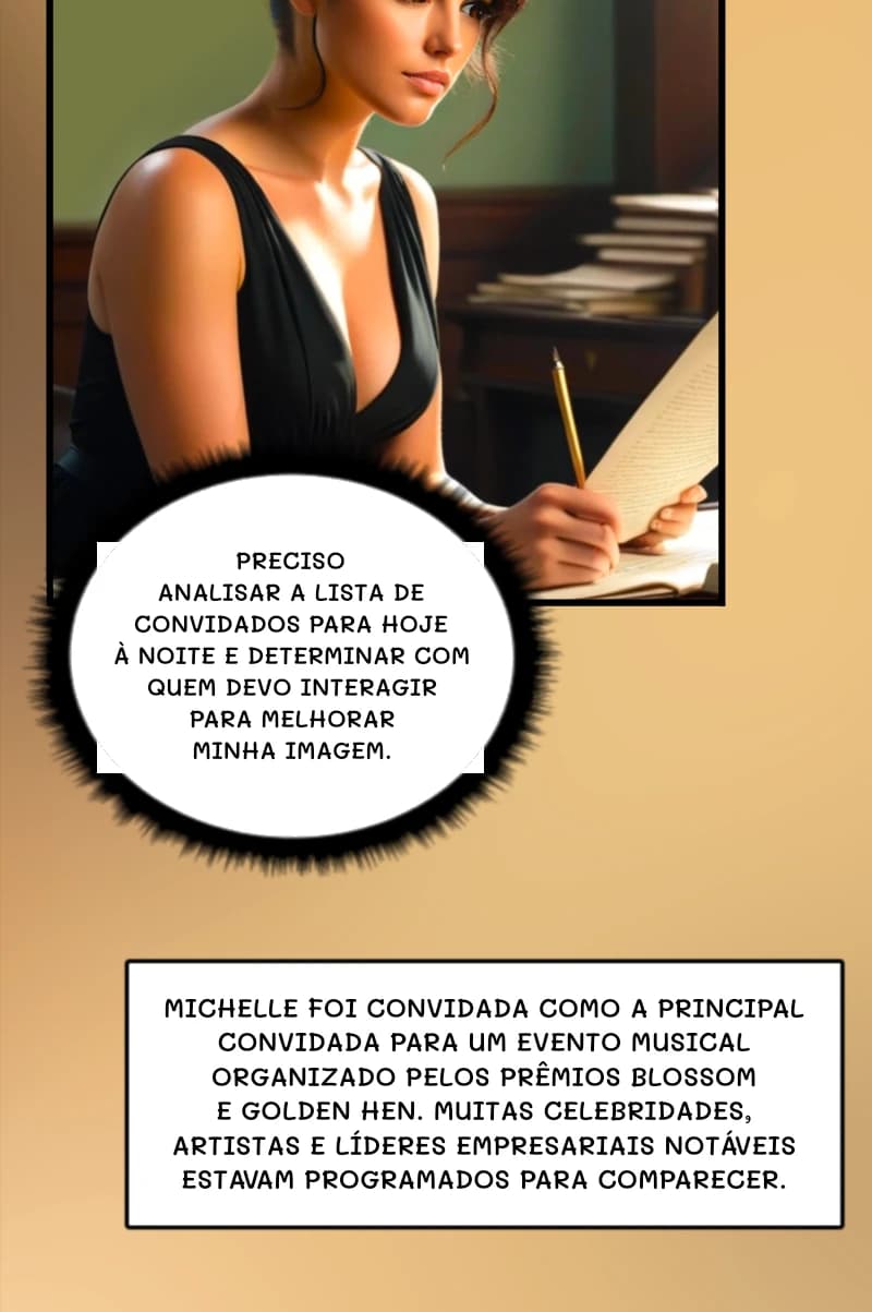 Preciso analisar a lista de convidados para hoje à noite e determinar com quem devo interagir para melhorar minha imagem.
Michelle foi convidada como a principal convidada para um evento musical organizado pelos prêmios Blossom e Golden Hen. Muitas celebridades, artistas e líderes empresariais notáveis ​​estavam programados para comparecer.