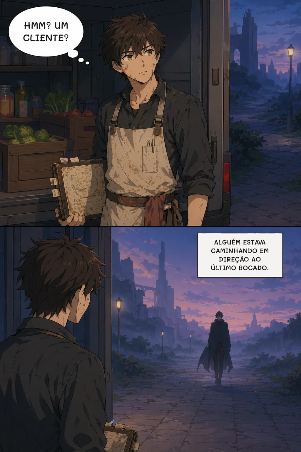 HMM? UM CLIENTE?
ALGUÉM ESTAVA CAMINHANDO EM DIREÇÃO AO ÚLTIMO BOCADO.