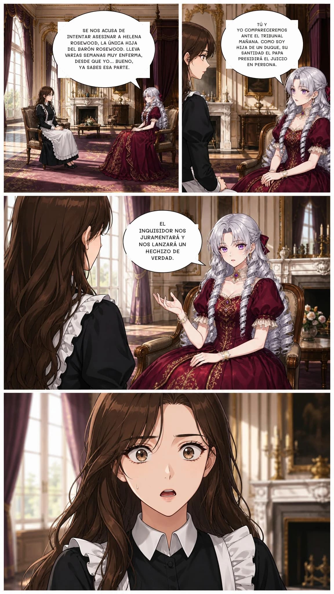 SE NOS ACUSA DE INTENTAR ASESINAR A HELENA ROSEWOOD, LA ÚNICA HIJA DEL BARÓN ROSEWOOD. LLEVA VARIAS SEMANAS MUY ENFERMA, DESDE QUE YO... BUENO, YA SABES ESA PARTE.
TÚ Y YO COMPARECEREMOS ANTE EL TRIBUNAL MAÑANA. COMO SOY HIJA DE UN DUQUE, SU SANTIDAD EL PAPA PRESIDIRÁ EL JUICIO EN PERSONA.
EL INQUISIDOR NOS JURAMENTARÁ Y NOS LANZARÁ UN HECHIZO DE VERDAD.