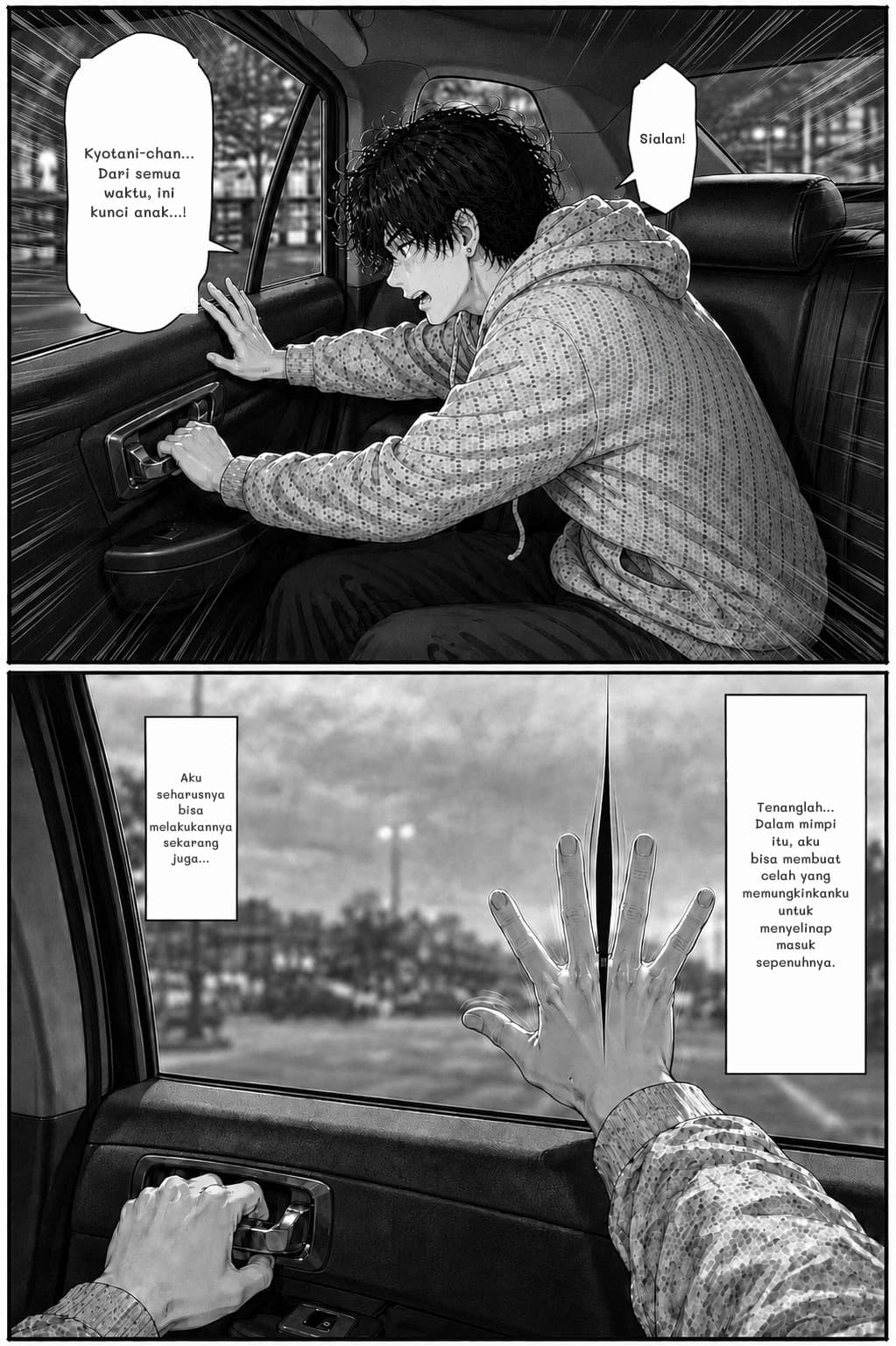 Kyotani-chan... Dari semua waktu, ini kunci anak...!
Sialan!
Tenanglah... Dalam mimpi itu, aku bisa membuat celah yang memungkinkanku untuk menyelinap masuk sepenuhnya.
Aku seharusnya bisa melakukannya sekarang juga...