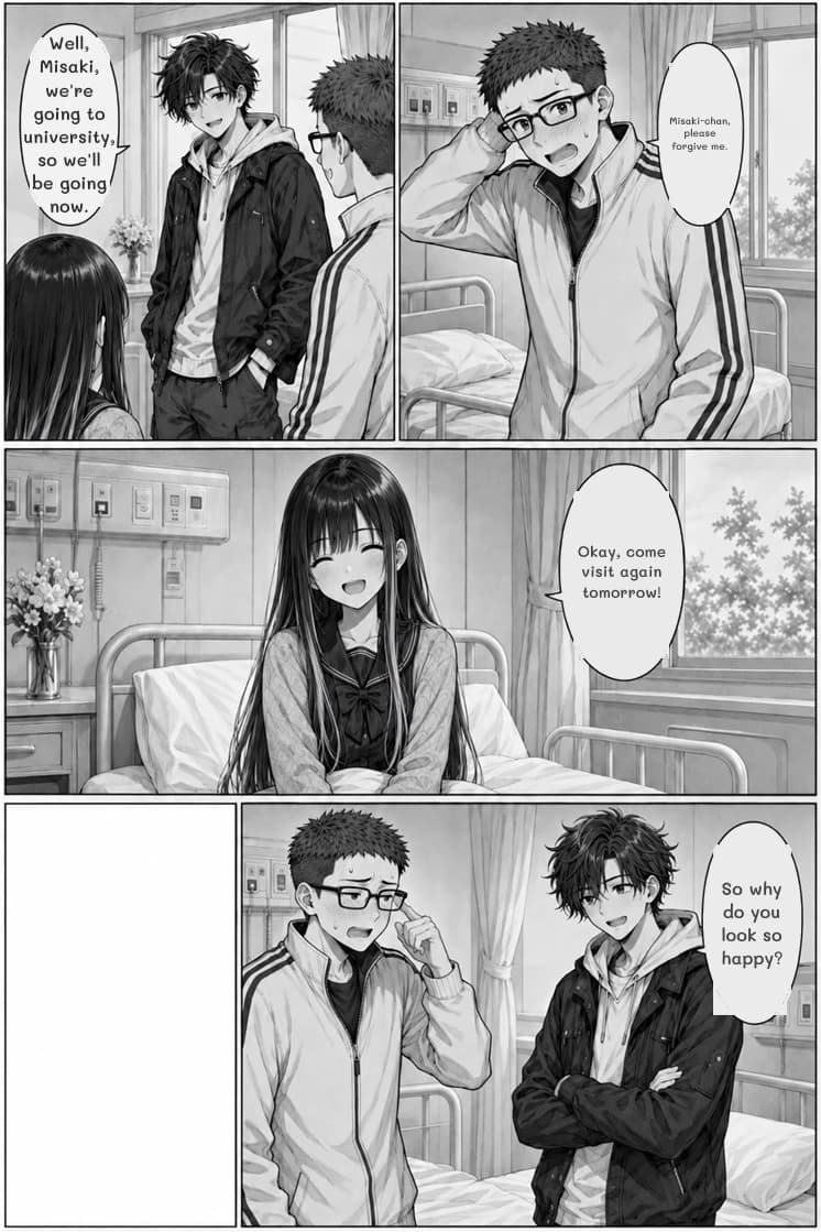 Misaki-chan, please forgive me.
Well, Misaki, we're going to university, so we'll be going now.
Okay, come visit again tomorrow!
So why do you look so happy?