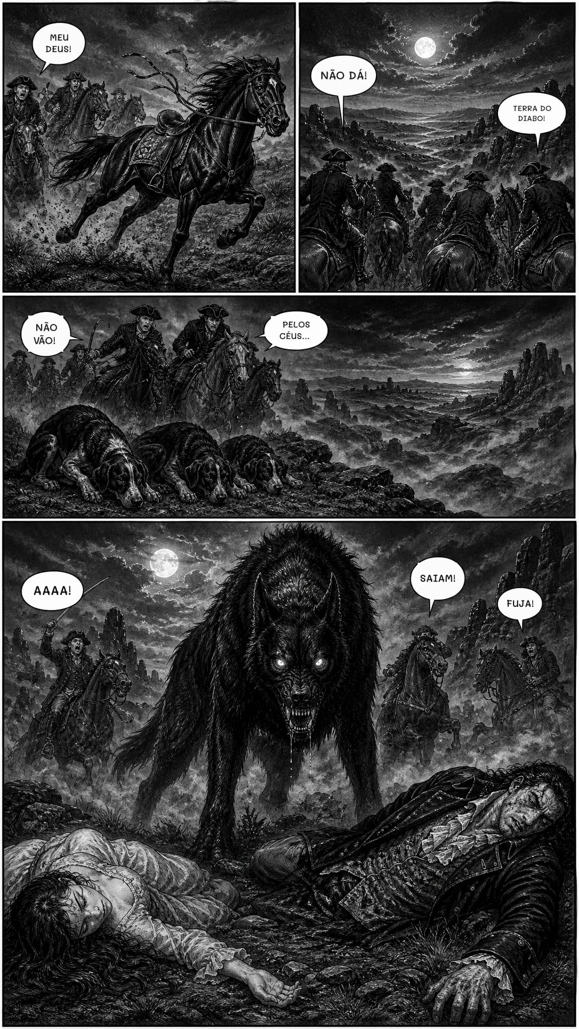 MEU DEUS!
NÃO DÁ!
TERRA DO DIABO!
NÃO VÃO!
PELOS CÉUS...
AAAA!
SAIAM!
FUJA!