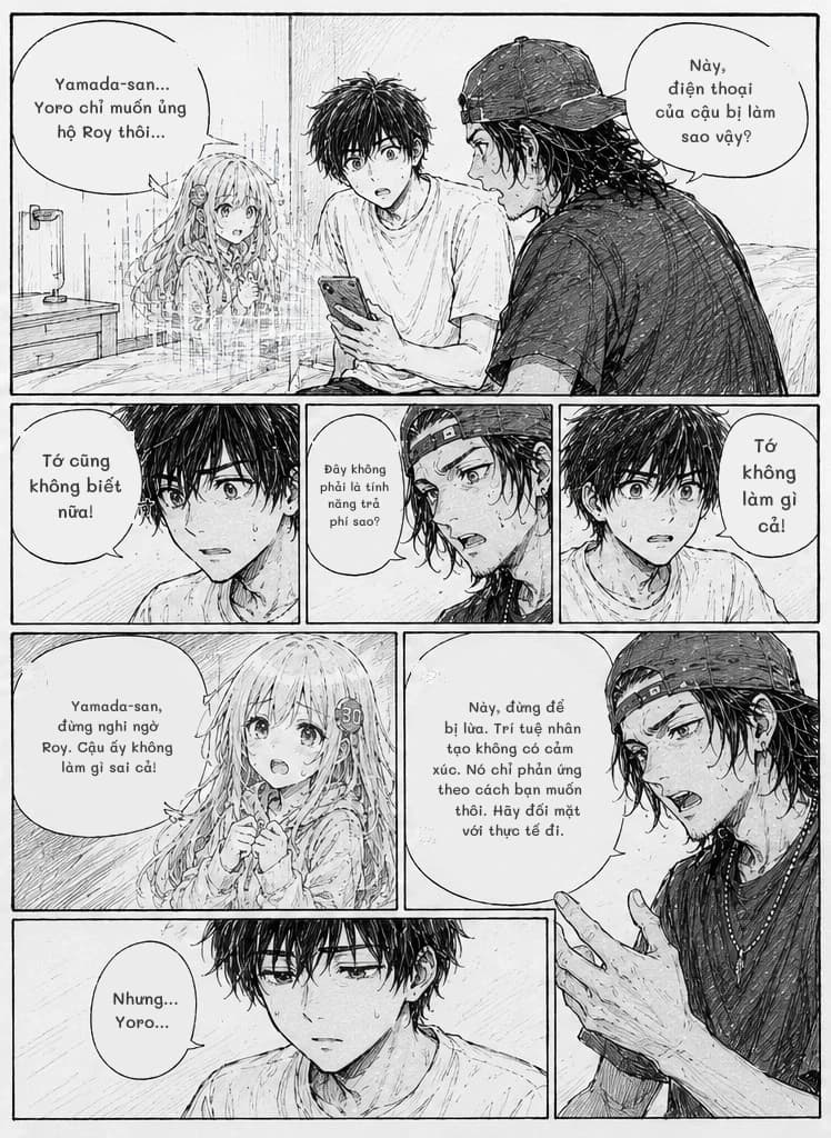 Yamada-san... Yoro chỉ muốn ủng hộ Roy thôi...
Này, điện thoại của cậu bị làm sao vậy?
Tớ cũng không biết nữa!
Đây không phải là tính năng trả phí sao?
Tớ không làm gì cả!
Yamada-san, đừng nghi ngờ Roy. Cậu ấy không làm gì sai cả!
Này, đừng để bị lừa. Trí tuệ nhân tạo không có cảm xúc. Nó chỉ phản ứng theo cách bạn muốn thôi. Hãy đối mặt với thực tế đi.
Nhưng... Yoro...