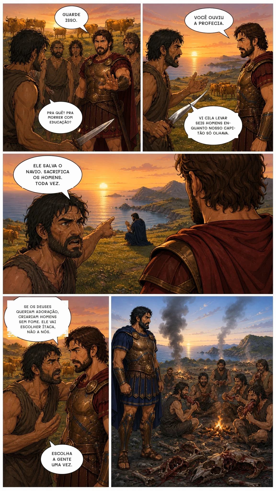 GUARDE ISSO.
PRA QUÊ? PRA MORRER COM EDUCAÇÃO?
VOCÊ OUVIU A PROFECIA.
VI CILA LEVAR SEIS HOMENS ENQUANTO NOSSO CAPITÃO SÓ OLHAVA.
ELE SALVA O NAVIO. SACRIFICA OS HOMENS. TODA VEZ.
SE OS DEUSES QUERIAM ADORAÇÃO, CRIARIAM HOMENS SEM FOME. ELE VAI ESCOLHER ÍTACA, NÃO A NÓS.
ESCOLHA A GENTE UMA VEZ.