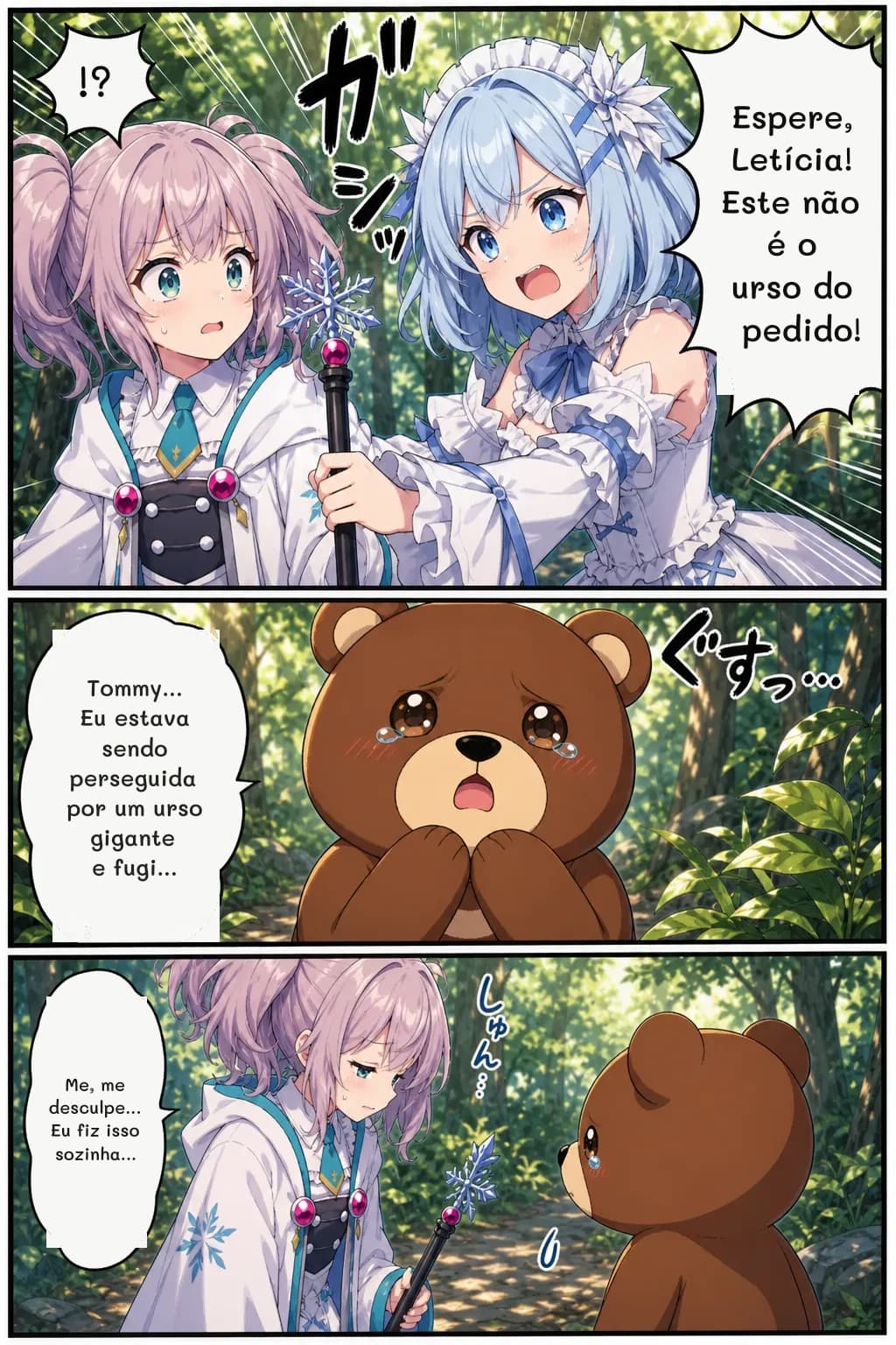 !?
Espere, Letícia! Este não é o urso do pedido!
Tommy... Eu estava sendo perseguida por um urso gigante e fugi...
Me, me desculpe... Eu fiz isso sozinha...