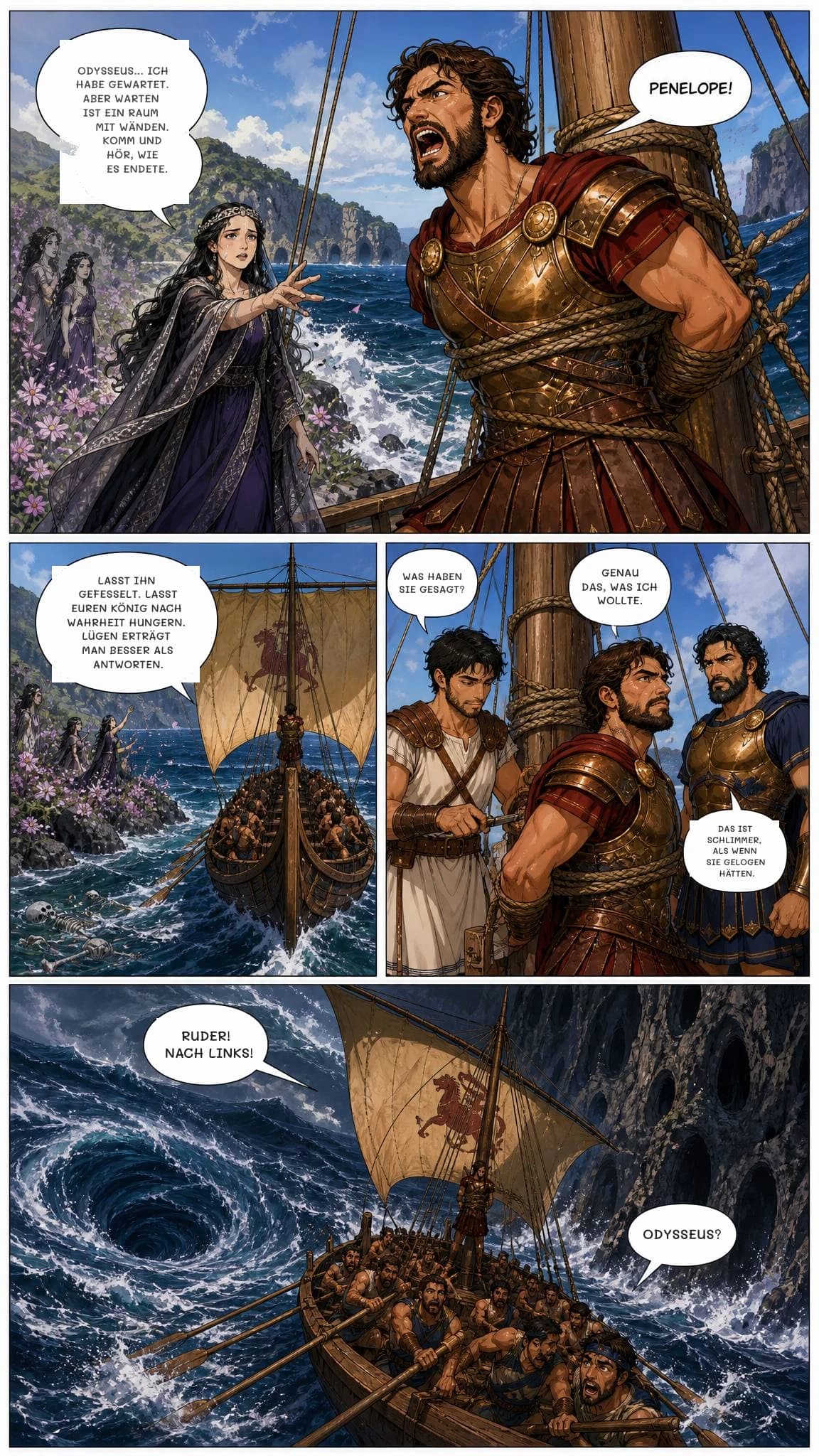 ODYSSEUS... ICH HABE GEWARTET. ABER WARTEN IST EIN RAUM MIT WÄNDEN. KOMM UND HÖR, WIE ES ENDETE.
LASST IHN GEFESSELT. LASST EUREN KÖNIG NACH WAHRHEIT HUNGERN. LÜGEN ERTRÄGT MAN BESSER ALS ANTWORTEN.
WAS HABEN SIE GESAGT?
GENAU DAS, WAS ICH WOLLTE.
DAS IST SCHLIMMER, ALS WENN SIE GELogen HÄTTEN.
RUDER! NACH LINKS!
ODYSSEUS?