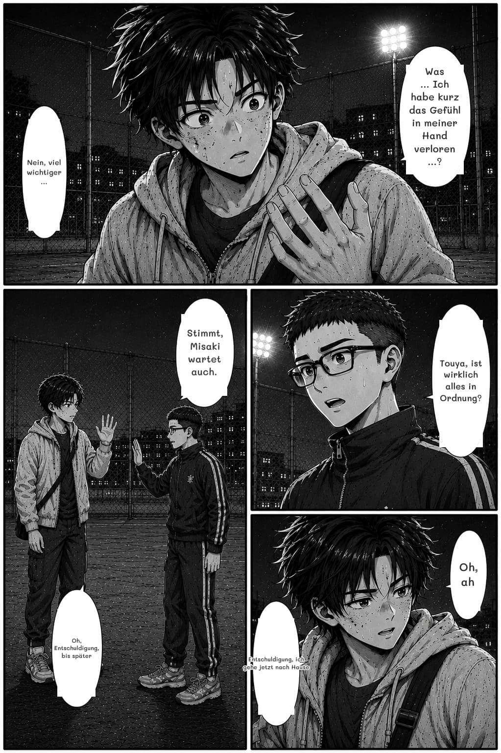 Was … Ich habe kurz das Gefühl in meiner Hand verloren …?
Nein, viel wichtiger …
Stimmt, Misaki wartet auch.
Touya, ist wirklich alles in Ordnung?
Oh, ah
Oh, Entschuldigung, bis später
Entschuldigung, ich gehe jetzt nach Hause