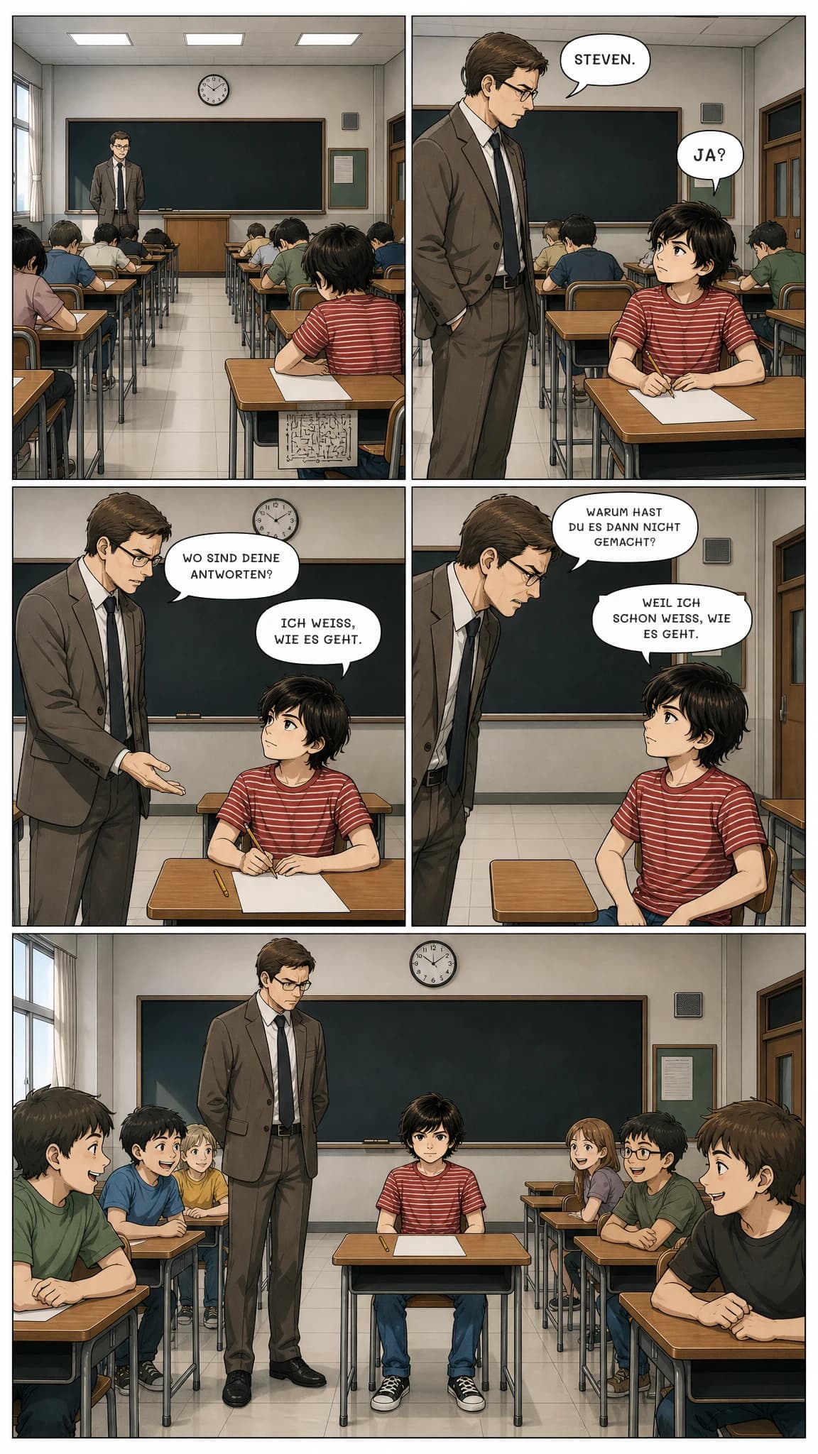 STEVEN.
JA?
WO SIND DEINE ANTWORTEN?
ICH WEISS, WIE ES GEHT.
WARUM HAST DU ES DANN NICHT GEMACHT?
WEIL ICH SCHON WEISS, WIE ES GEHT.