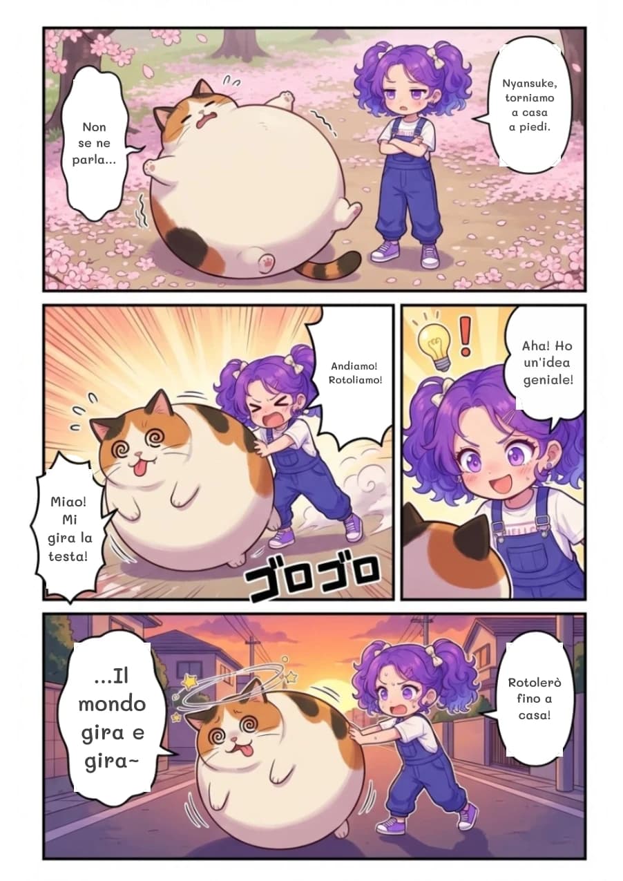 Nyansuke, torniamo a casa a piedi.
Non se ne parla...
Andiamo! Rotoliamo!
Miao! Mi gira la testa!
Aha! Ho un'idea geniale!
Rotolerò fino a casa!
...Il mondo gira e gira~