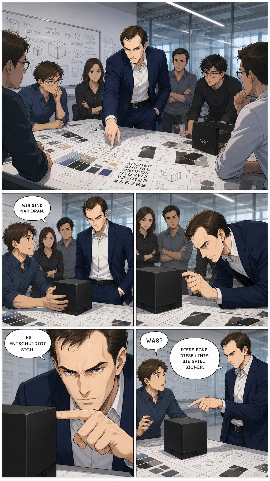 WIR SIND NAH DRAN.
ES ENTSCHULDIGT SICH.
WAS?
DIESE ECKE. DIESE LINIE. SIE SPIELT SICHER.
