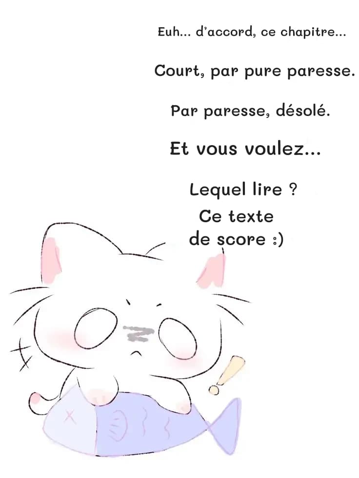 Euh… d’accord, ce chapitre…
Court, par pure paresse.
Par paresse, désolé.
Et vous voulez…
Lequel lire ?
Ce texte de score :)
