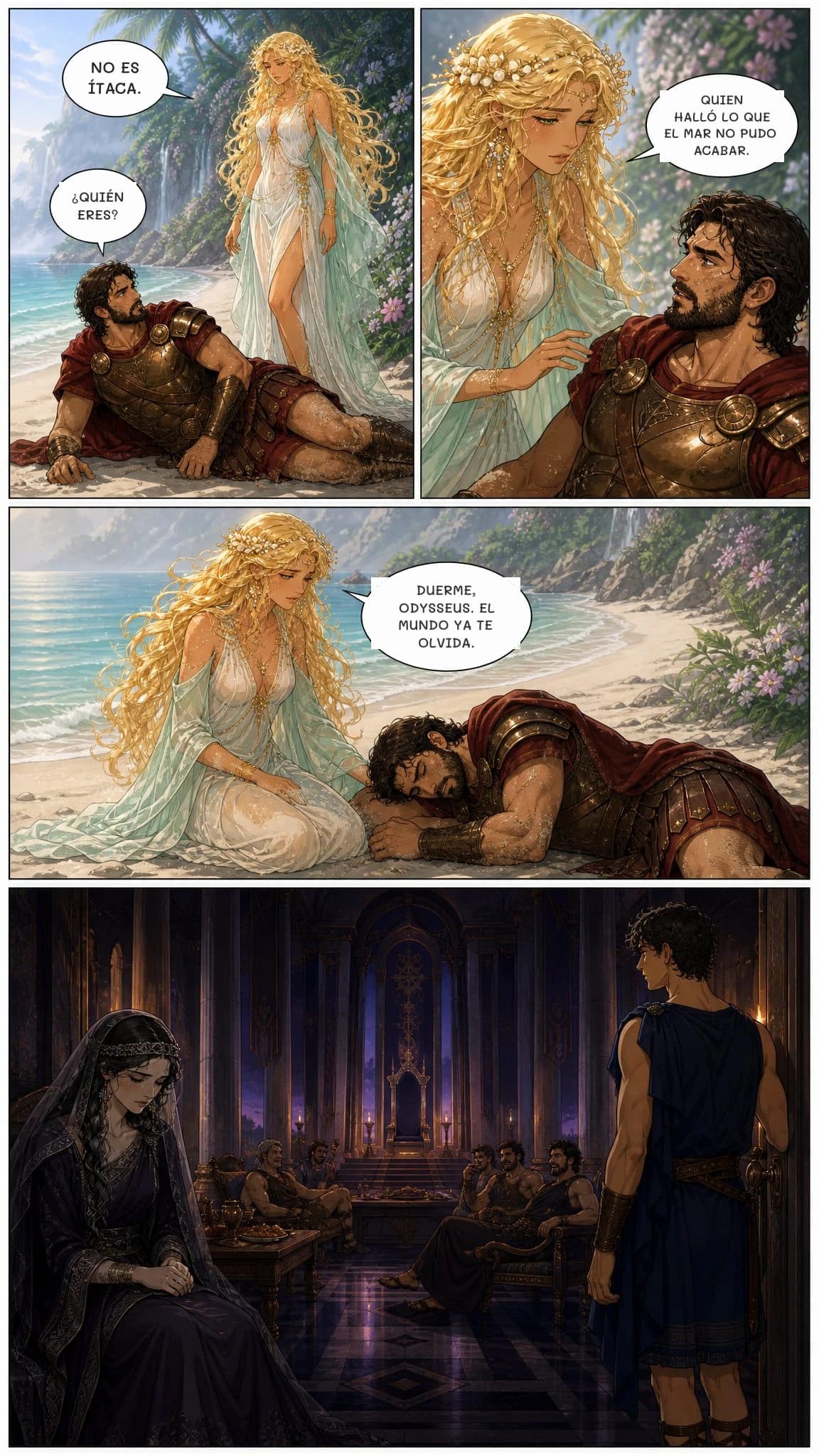 NO ES ÍTACA.
¿QUIÉN ERES?
QUIEN HALLÓ LO QUE EL MAR NO PUDO ACABAR.
DUERME, ODYSSEUS. EL MUNDO YA TE OLVIDA.