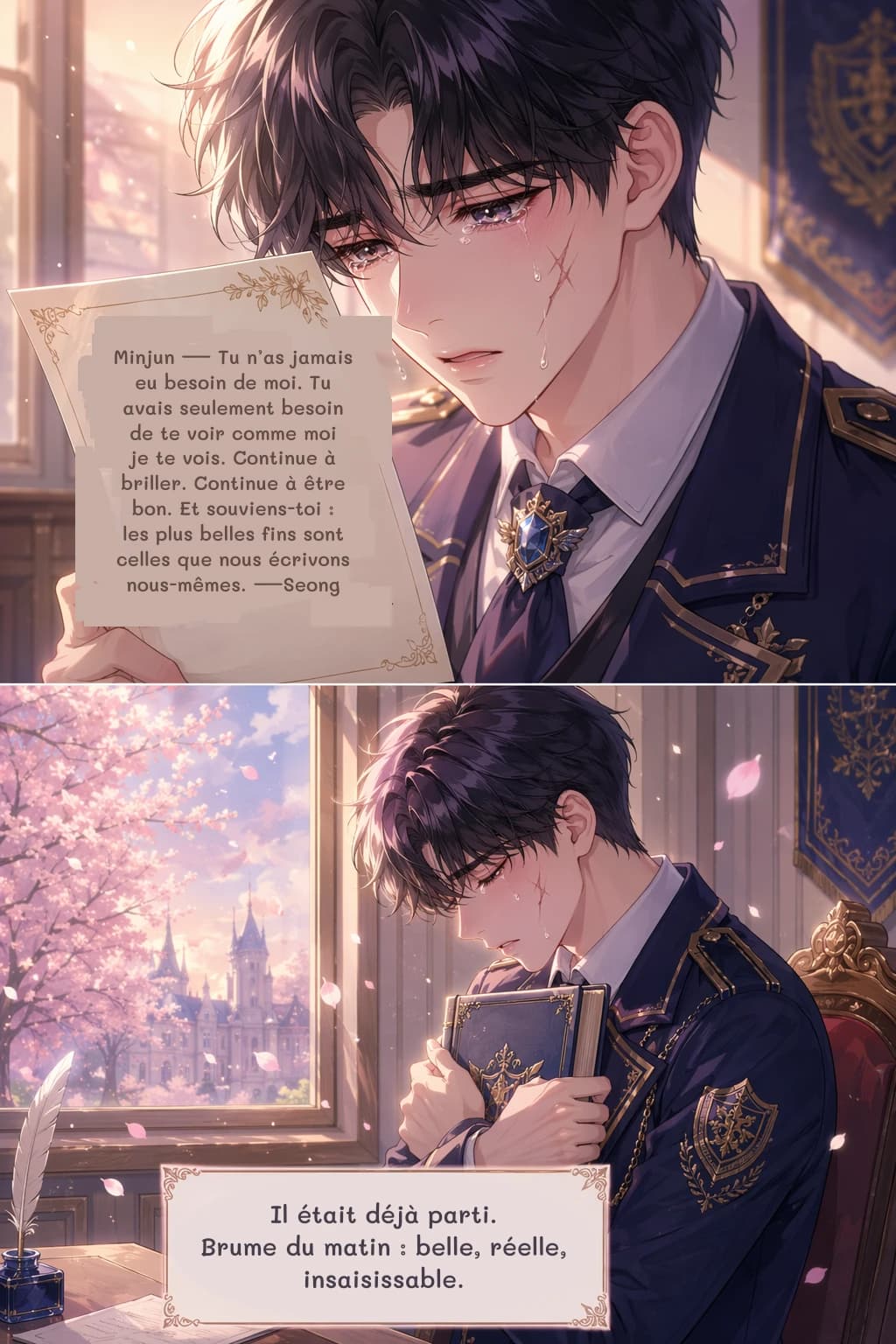 Minjun — Tu n’as jamais eu besoin de moi. Tu avais seulement besoin de te voir comme moi je te vois. Continue à briller. Continue à être bon. Et souviens-toi : les plus belles fins sont celles que nous écrivons nous-mêmes. —Seong
Il était déjà parti. Brume du matin : belle, réelle, insaisissable.