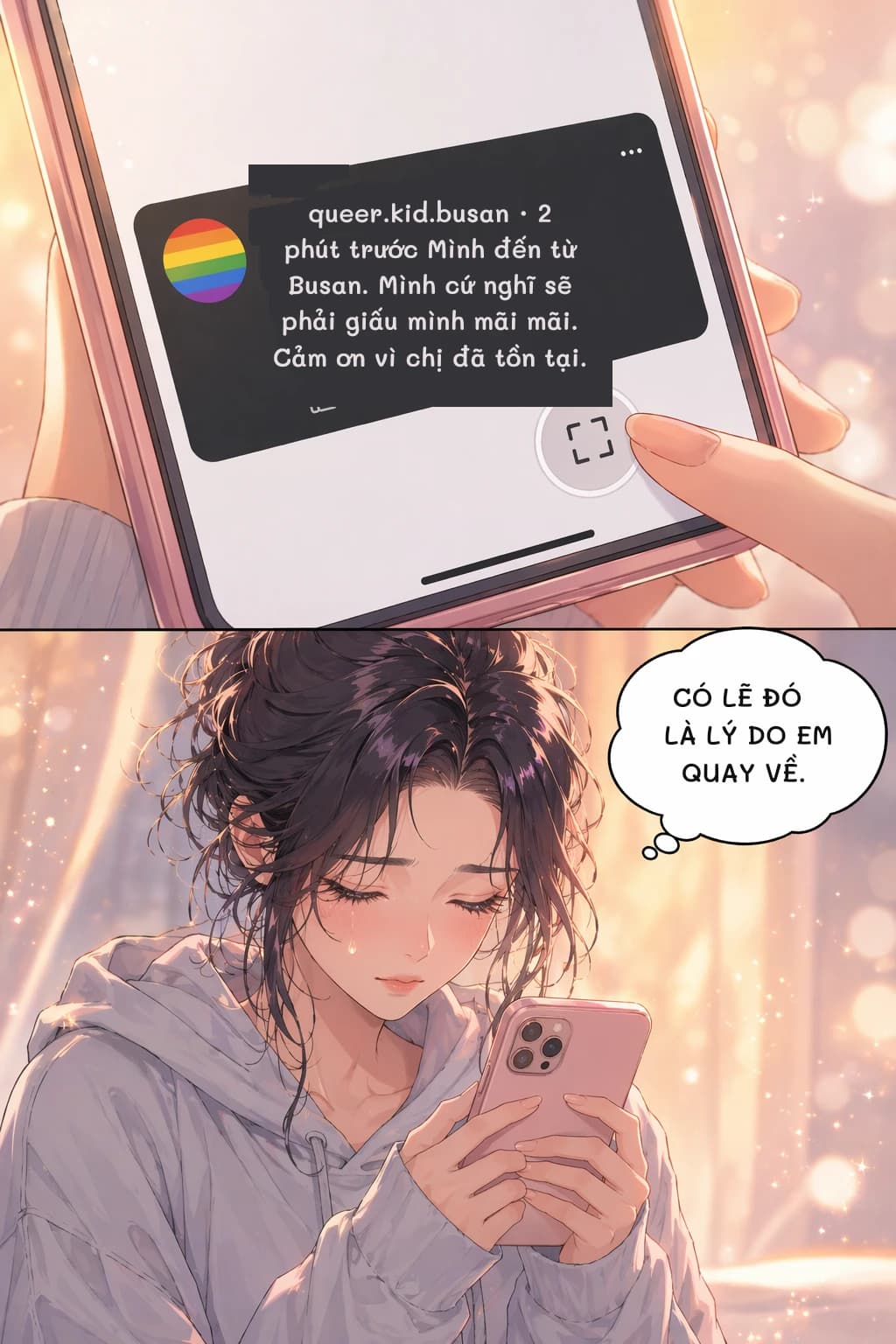 queer.kid.busan · 2 phút trước
Mình đến từ Busan. Mình cứ nghĩ sẽ phải giấu mình mãi mãi. Cảm ơn vì chị đã tồn tại.
CÓ LẼ ĐÓ LÀ LÝ DO EM QUAY VỀ.