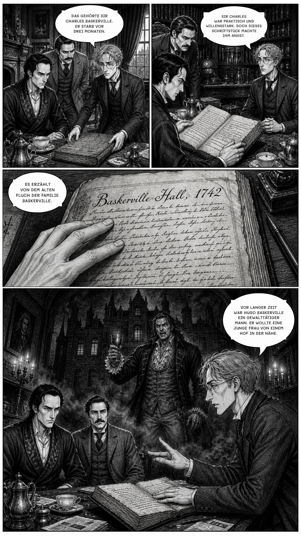 DAS GEHÖRTE SIR CHARLES BASKERVILLE. ER STARB VOR DREI MONATEN.
SIR CHARLES WAR PRAKTISCH UND WILLENSSTARK. DOCH DIESES SCHRIFTSTÜCK MACHTE IHM ANGST.
ES ERZÄHLT VON DEM ALTEN FLUCH DER FAMILIE BASKERVILLE.
VOR LANGER ZEIT WAR HUGO BASKERVILLE EIN GEWALTTÄTIGER MANN. ER WOLLTE EINE JUNGE FRAU VON EINEM HOF IN DER NÄHE.