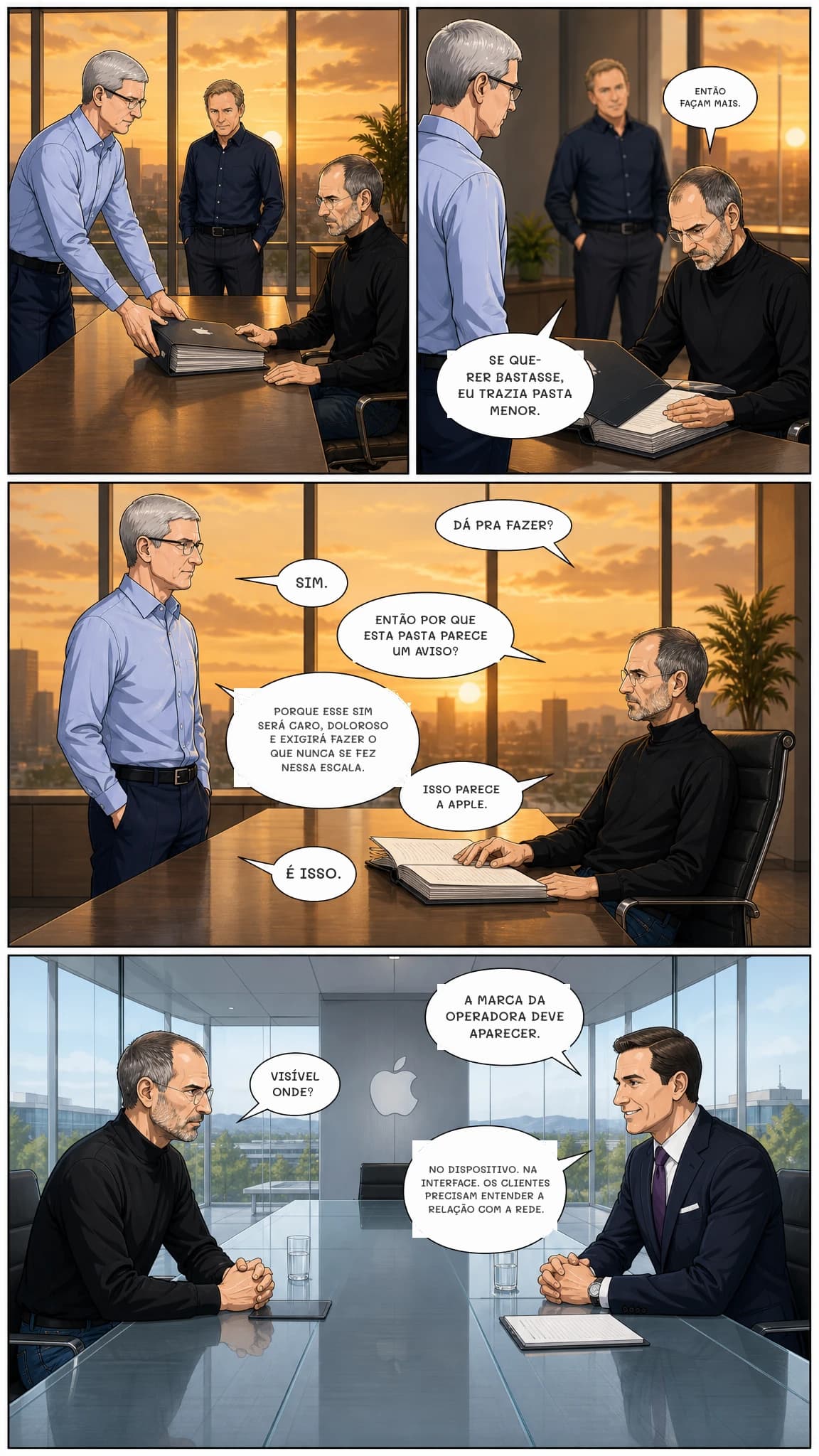 ENTÃO FAÇAM MAIS.
Se querer bastasse, eu trazia pasta menor.
DÁ PRA FAZER?
SIM.
ENTÃO POR QUE ESTA PASTA PARECE UM AVISO?
Porque esse sim será caro, doloroso e exigirá fazer o que nunca se fez nessa escala.
ISSO PARECE A APPLE.
É ISSO.
A marca da operadora deve aparecer.
VISÍVEL ONDE?
NO DISPOSITIVO. NA INTERFACE. OS CLIENTES PRECISAM ENTENDER A RELAÇÃO COM A REDE.
