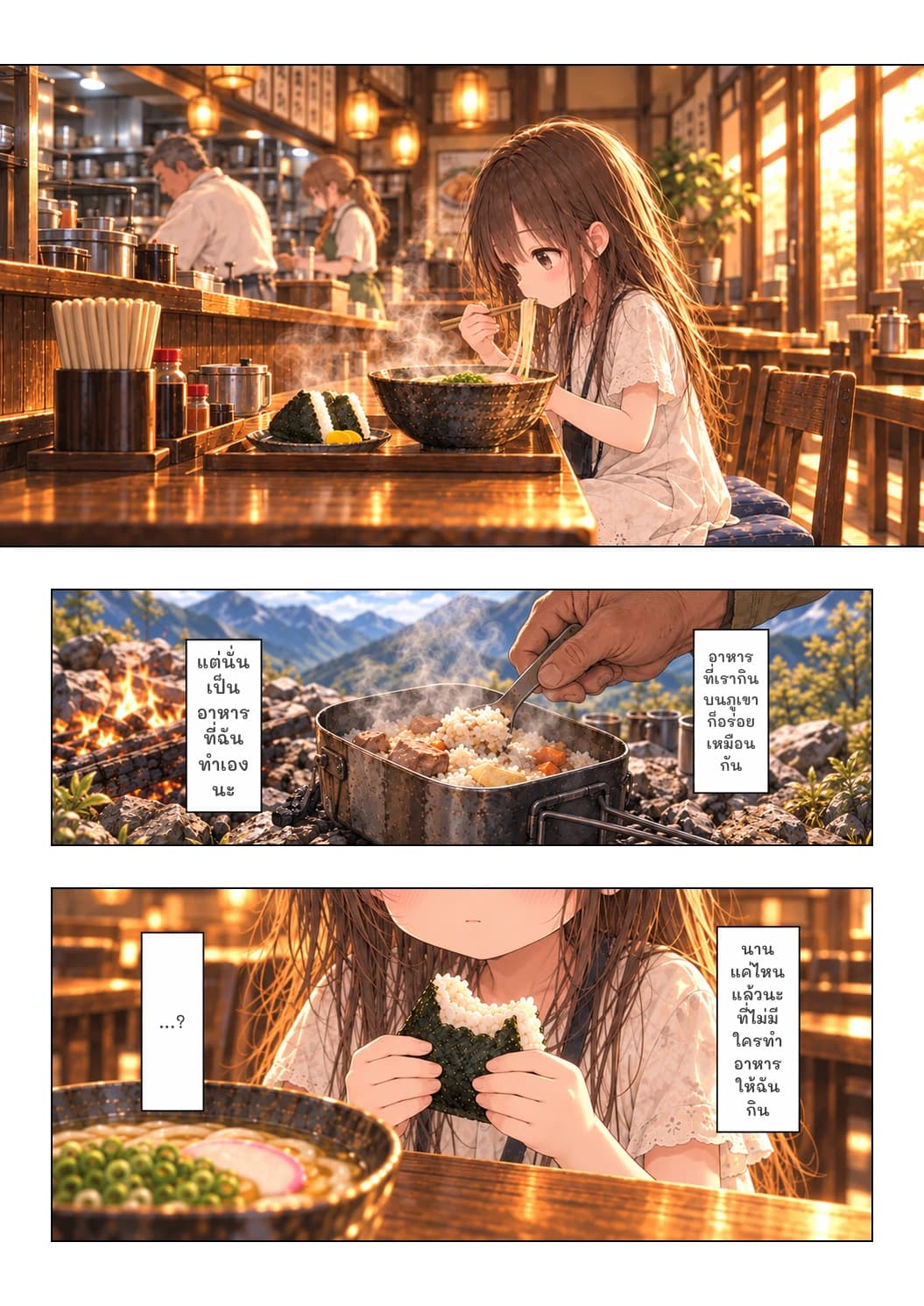 อาหารที่เรากินบนภูเขาก็อร่อยเหมือนกัน
แต่นั่นเป็นอาหารที่ฉันทำเองนะ
นานแค่ไหนแล้วนะที่ไม่มีใครทำอาหารให้ฉันกิน
...?
