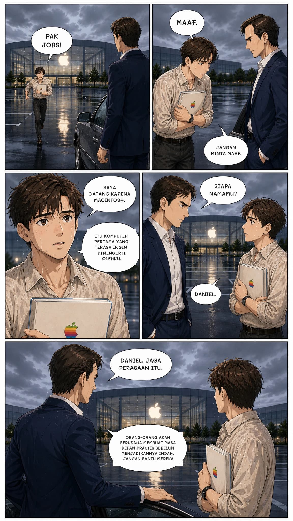 PAK JOBS!
MAAF.
JANGAN MINTA MAAF.
SAYA DATANG KARENA MACINTOSH.
ITU KOMPUTER PERTAMA YANG TERASA INGIN DIMENGERTI OLEHKU.
SIAPA NAMAMU?
DANIEL.
DANIEL, JAGA PERASAAN ITU.
ORANG-ORANG AKAN BERUSAHA MEMBUAT MASA DEPAN PRAKTIS SEBELUM MENJADIKANNYA INDAH. JANGAN BANTU MEREKA.