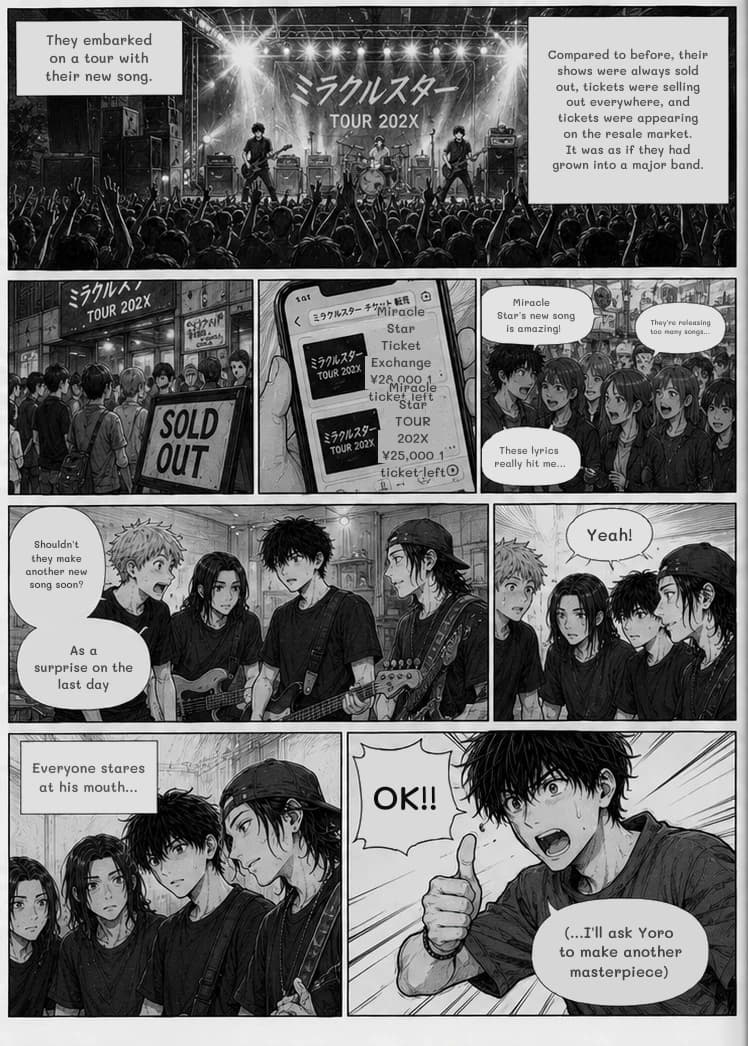 They embarked on a tour with their new song.
Compared to before, their shows were always sold out, tickets were selling out everywhere, and tickets were appearing on the resale market. It was as if they had grown into a major band.
Miracle Star Ticket Exchange ¥28,000 1 ticket left
Miracle Star TOUR 202X ¥25,000 1 ticket left
Miracle Star's new song is amazing!
They're releasing too many songs...
These lyrics really hit me...
Shouldn't they make another new song soon?
As a surprise on the last day
Yeah!
Everyone stares at his mouth…
Ok!!
(...I'll ask Yoro to make another masterpiece)