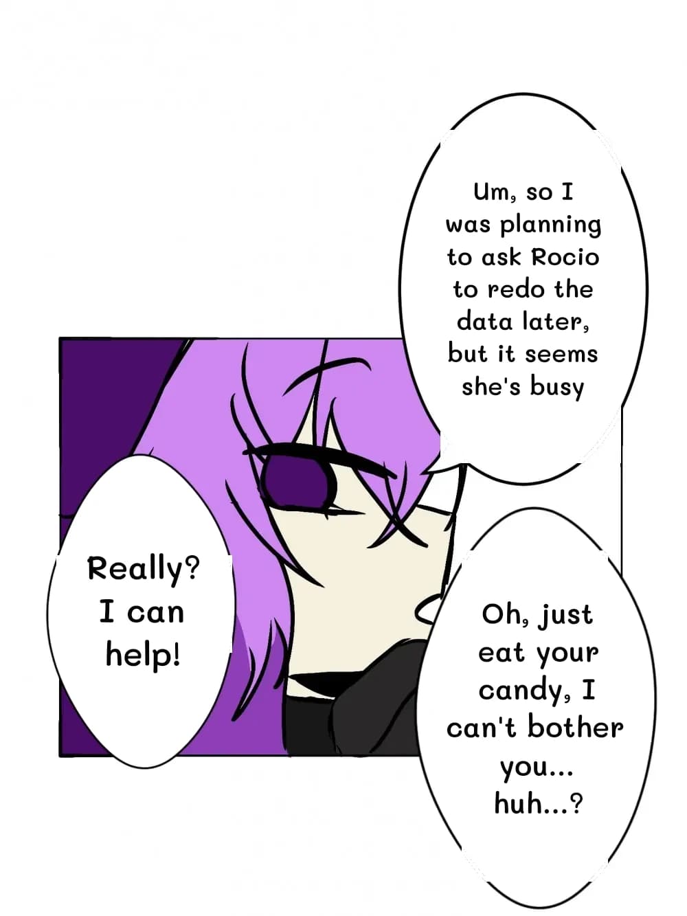 Um, so I was planning to ask Rocio to redo the data later, but it seems she's busy
Really? I can help!
Oh, just eat your candy, I can't bother you... huh...?