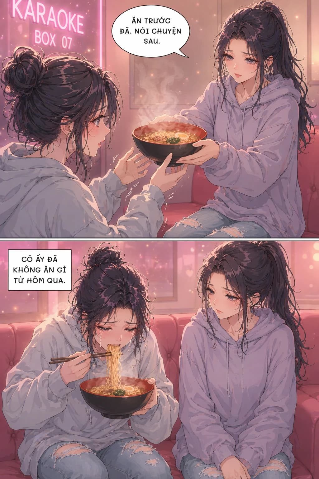 Ăn trước đã. Nói chuyện sau.
Cô ấy đã không ăn gì từ hôm qua.