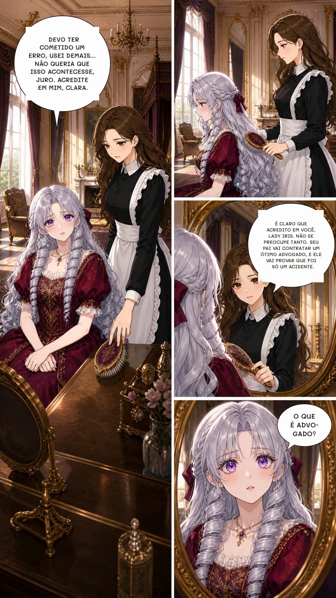 DEVO TER COMETIDO UM ERRO, USEI DEMAIS... NÃO QUERIA QUE ISSO ACONTECESSE, JURO. ACREDITE EM MIM, CLARA.
É CLARO QUE ACREDITO EM VOCÊ, LADY IRIS. NÃO SE PREOCUPE TANTO. SEU PAI VAI CONTRATAR UM ÓTIMO ADVOGADO, E ELE VAI PROVAR QUE FOI SÓ UM ACIDENTE.
O QUE É ADVOGADO?