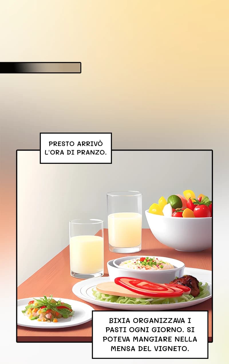 Presto arrivò l'ora di pranzo.
Bixia organizzava i pasti ogni giorno. Si poteva mangiare nella mensa del vigneto.