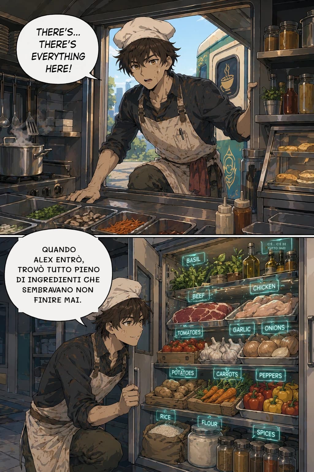 QUANDO ALEX ENTRÒ, TROVÒ TUTTO PIENO DI INGREDIENTI CHE SEMBRAVANO NON FINIRE MAI.
C’È... C’È DI TUTTO QUI!