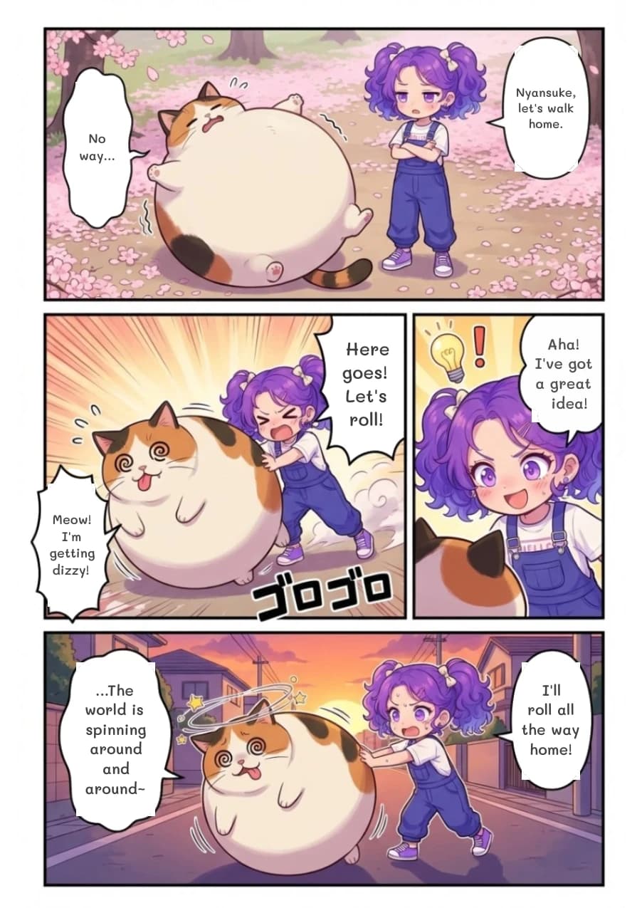 Nyansuke, let's walk home.
No way...
Here goes! Let's roll!
Meow! I'm getting dizzy!
Aha! I've got a great idea!
I'll roll all the way home!
...The world is spinning around and around~