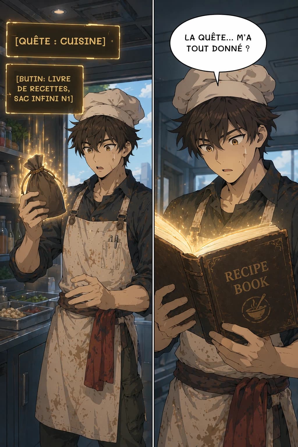 [QUÊTE : CUISINE]
[BUTIN: LIVRE DE RECETTES, SAC INFINI N1]
LA QUÊTE... M’A TOUT DONNÉ ?